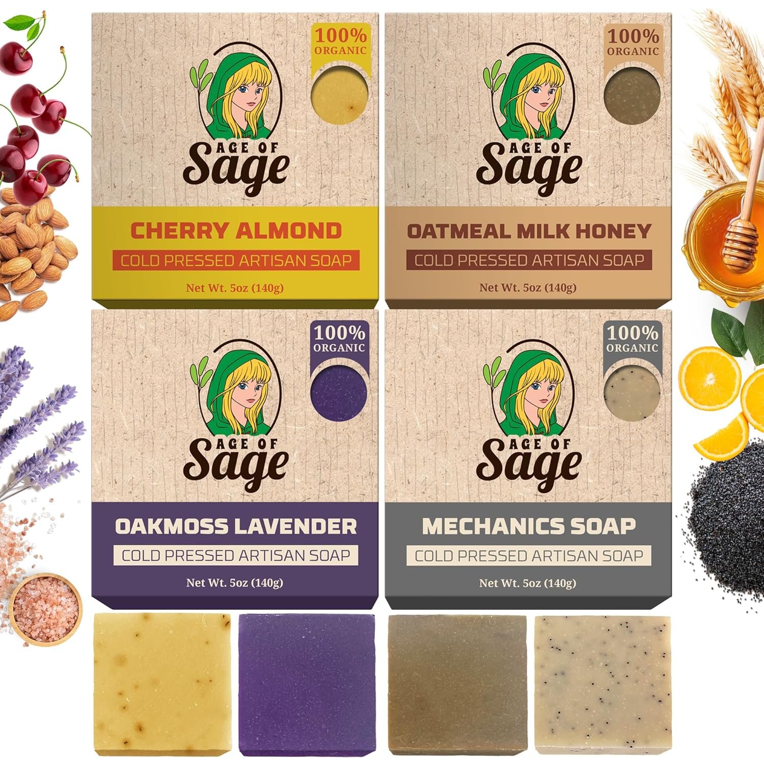 Age of Sage Moisturizing Cold Process Artisan Natural Bar Soap Gift Set for Women – 4pk Honey & Him Scent: Cherry Almond, Oatmeal Milk Honey, Oakmoss Lavender, & Mechanics Soap