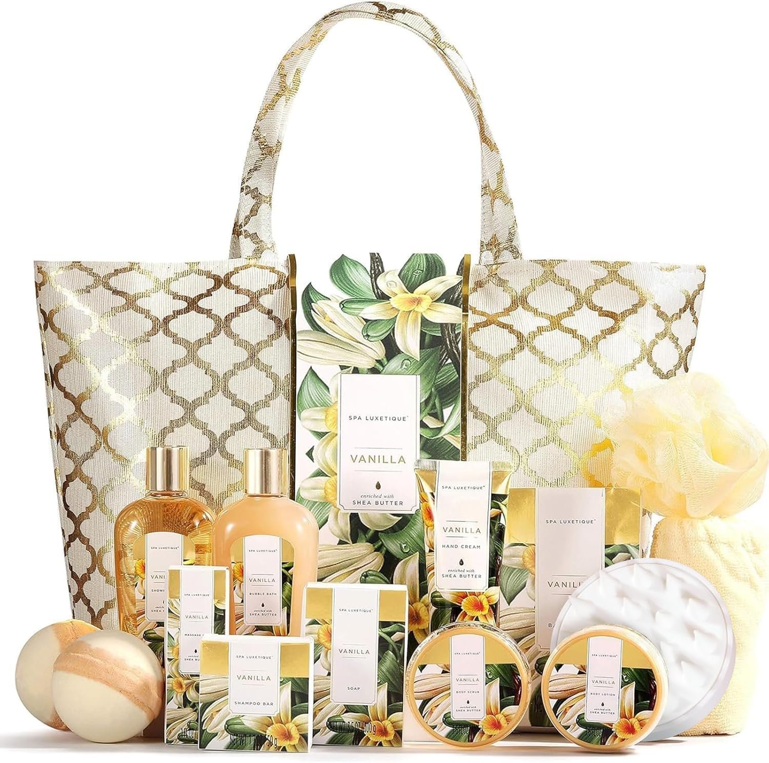 Spa Luxetique Gift Baskets for Women,15 Pcs Vanilla Spa Gifts for Women, Women’s Gifts with Bubble Bath, Bath Salt, Bath Bombs, Mothers Day Gifts