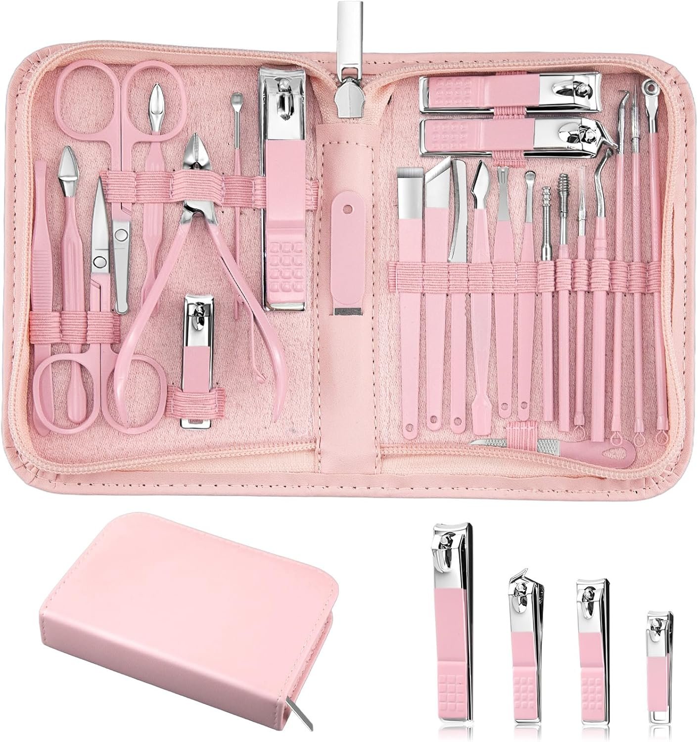 MINKINH 26-Piece Professional Manicure Set，Features Stainless Steel Tools, Carbon Steel Clippers & Travel Case for Women’s Home and Travel Grooming(Pink)