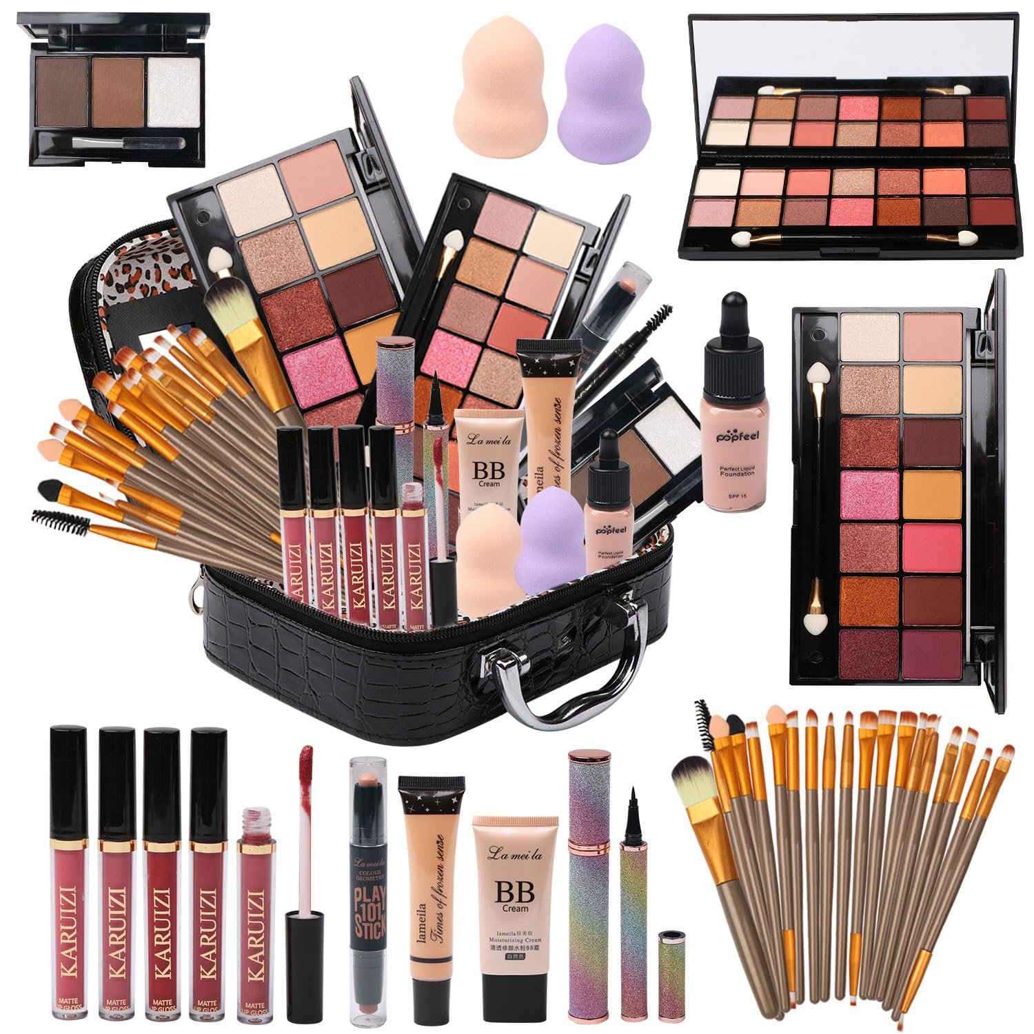 MTDXILTAI All in One Makeup Kit for Makeup storage bag 2X14 Colors Eyeshadow Palette Liquid Foundation Eyeliner Pencils Contouring Stick Lip Gloss 20Pcs Make up Brushes For Women Girls Teens (Black)