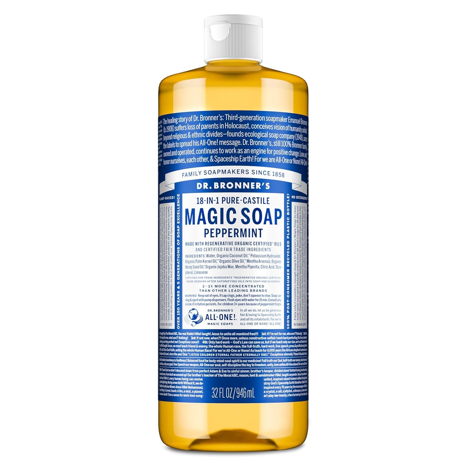Dr. Bronner’s Pure-Castile Magic Liquid Soap – Made with Regenerative Organic Certified Oils- 18-in-1 Uses for Face, Body, Hand, Hair, Laundry & More- Vegan, Non-GMO- Body Wash- Peppermint,32oz