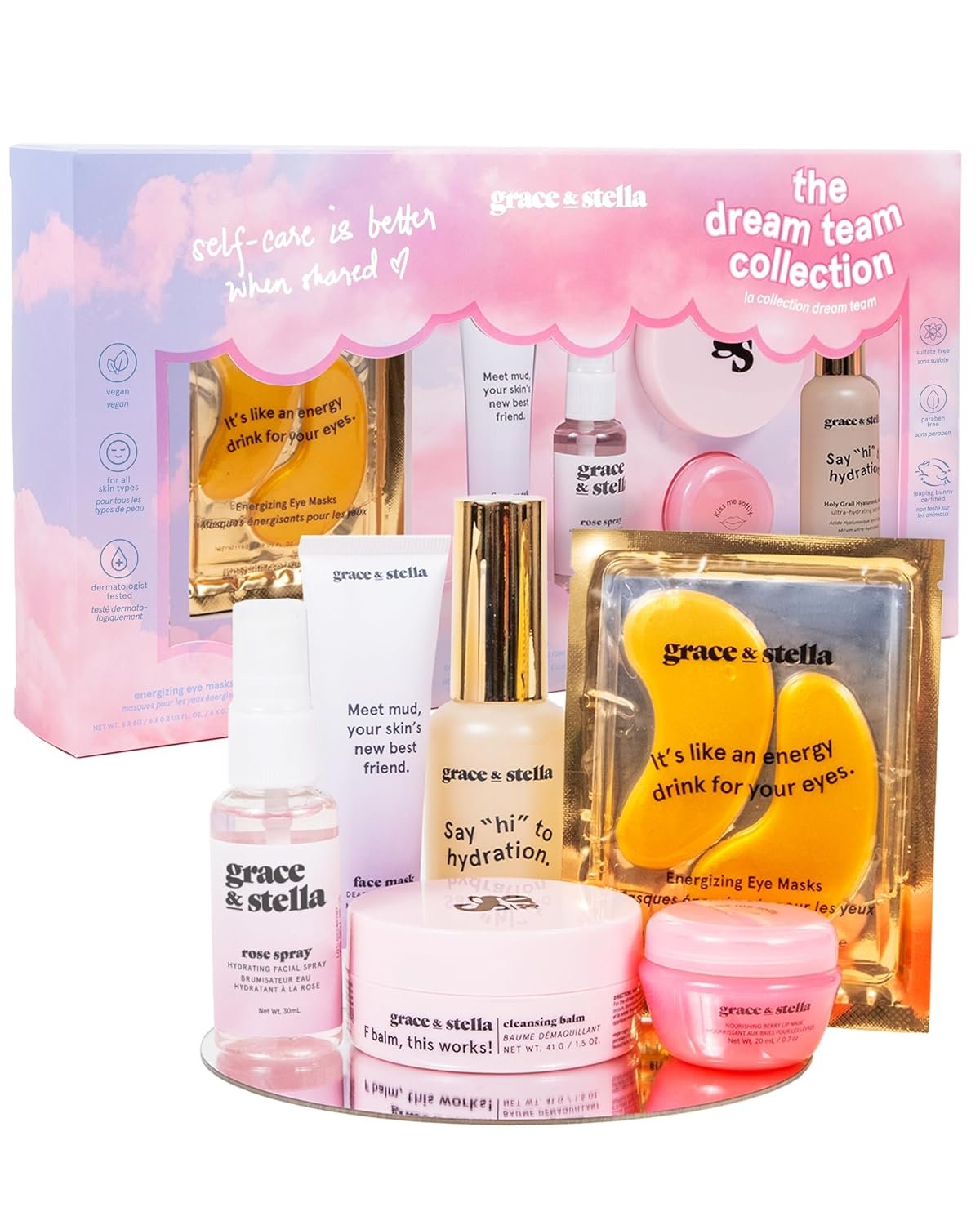 grace & stella Award Winning Skin Care Set – Birthday Gifts, Travel Size Toiletries with Eye Masks, Hyaluronic Acid Serum, Lip Balm & More, Gift Baskets for Women, Vegan Cruelty-Free Self Care