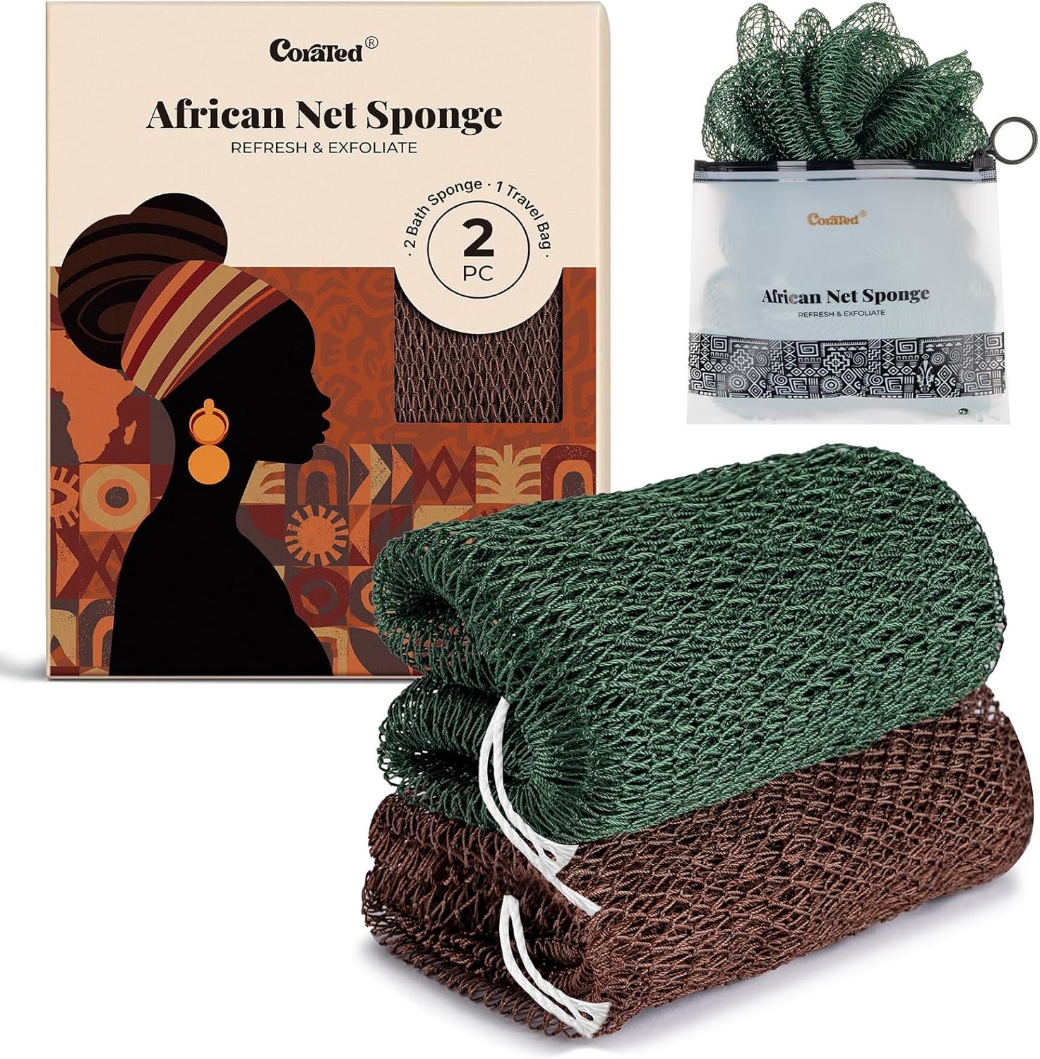 CORATED African Net Sponge Authentic, Shower Loofah Exfoliating Bath Sponge, Body Scrubber for Women and Men Daily Use Body Care, Travel Portable Bath Accessories Spa Gifts