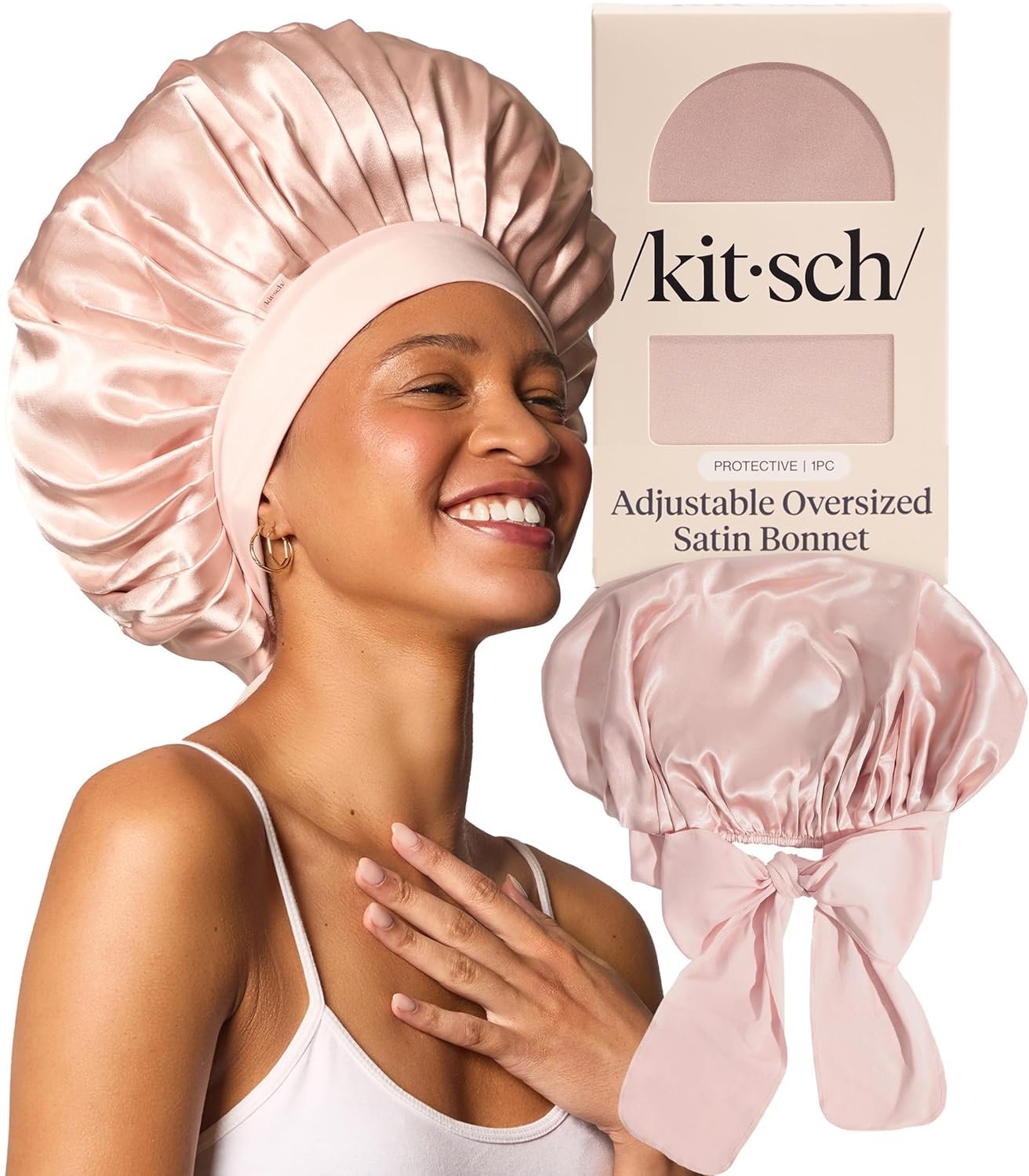 Kitsch XL Satin Bonnet for Sleeping – Softer Than Silk Bonnet For Sleeping Women – Secure Fit, Adjustable, Night Cap For Curly & Textured Hair – Prevents Breakage, Tangles & Thinning – Blush