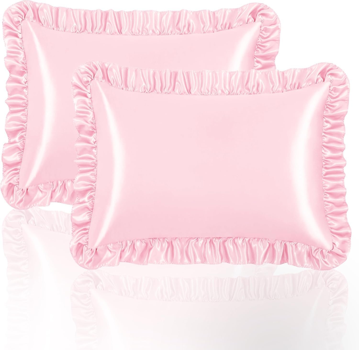 Pink Ruffle Satin Pillowcase Standard Size Set of 2,Imitate Silk Pillow Cases for Hair and Skin with Envelope Ruffle Closure,Farmhouse Pillow Shams Room Decorative Gift for Women(20″x26″)