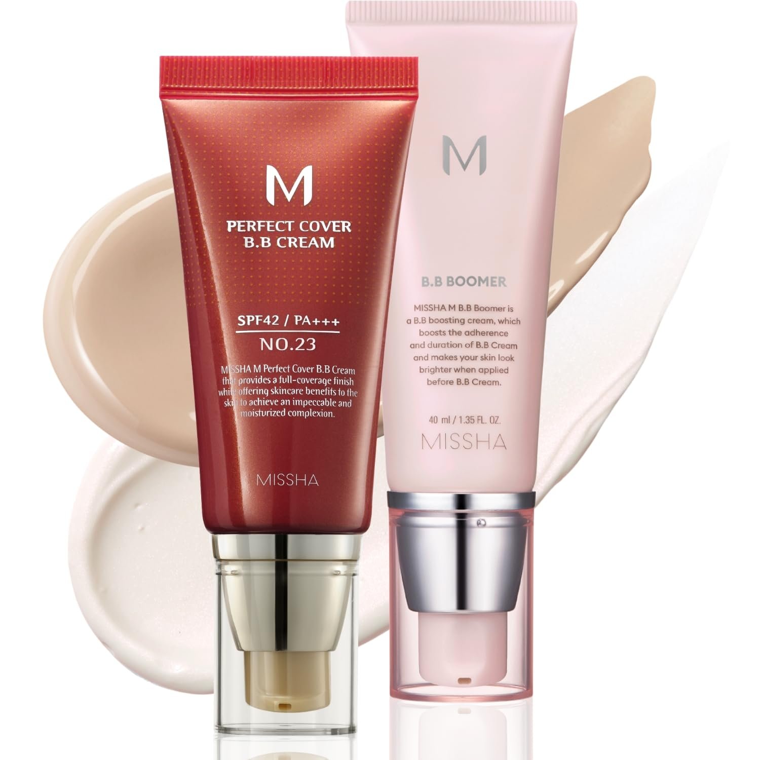MISSHA BB Essentials Kit M Perfect Cover BB Cream No.23 Natural Beige SPF 42 PA+++ 1.69 oz & M BB Boomer 1.35 oz – Lightweight, Multi-Function, High Coverage