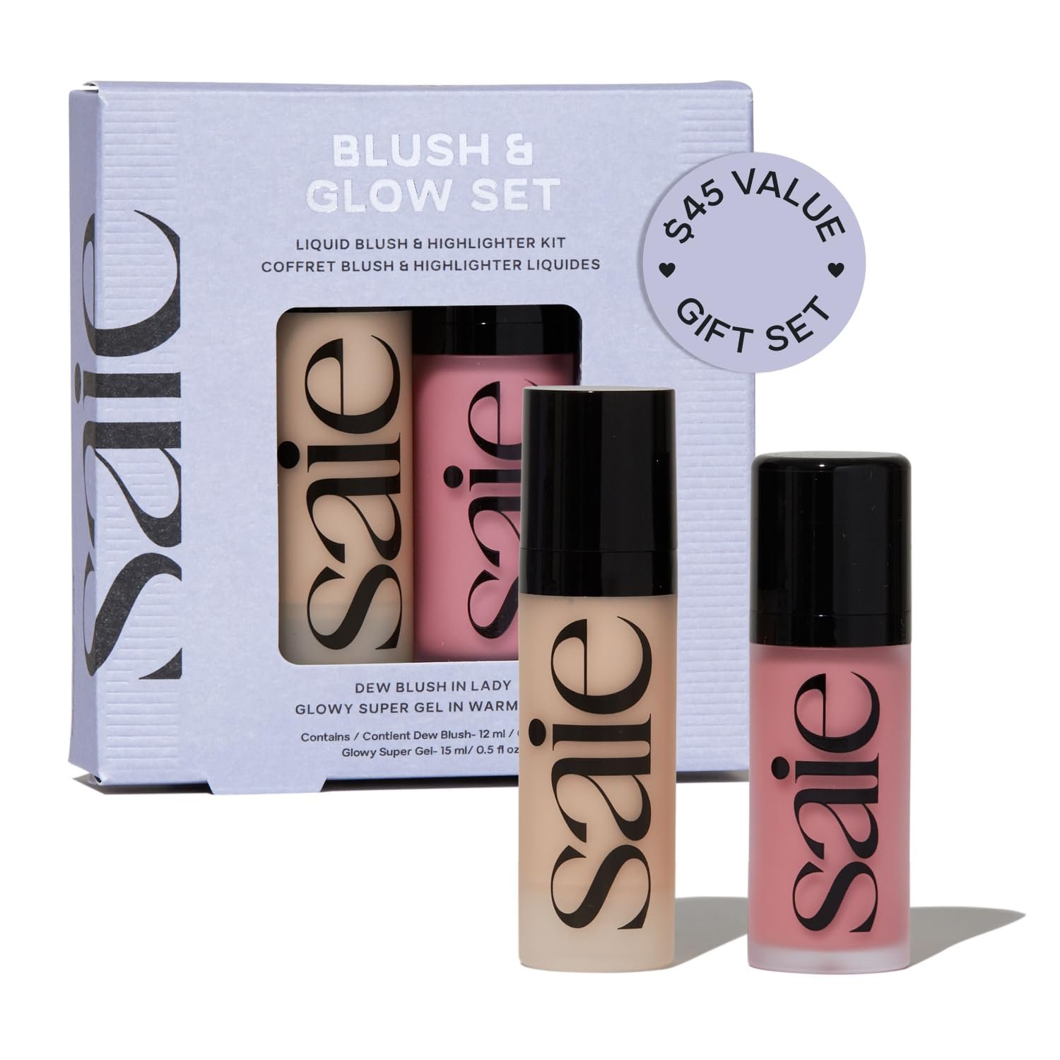 Saie Blush & Glow Gift Set – Dew Blush in Lady & Glowy Super Gel Liquid Highlighter & Makeup Primer in Warmglow – Skincare Infused Everyday Makeup Kit for a Flushed, Dewy Glow – Vegan (2 Count)