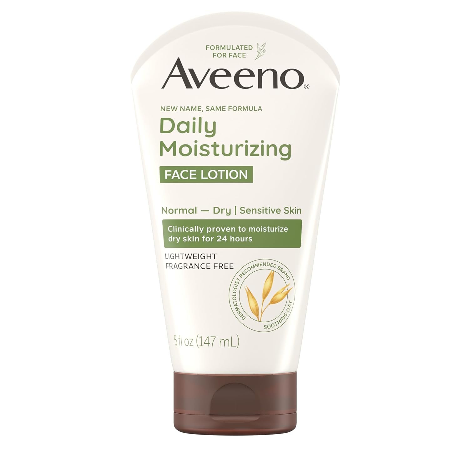Aveeno Daily Moisturizing Face Lotion with Soothing Prebiotic Oat, Lightweight Non-Greasy Facial Moisturizer for Normal to Dry, Sensitive Skin, 24-Hour Moisture, Fragrance-Free, 5 Oz