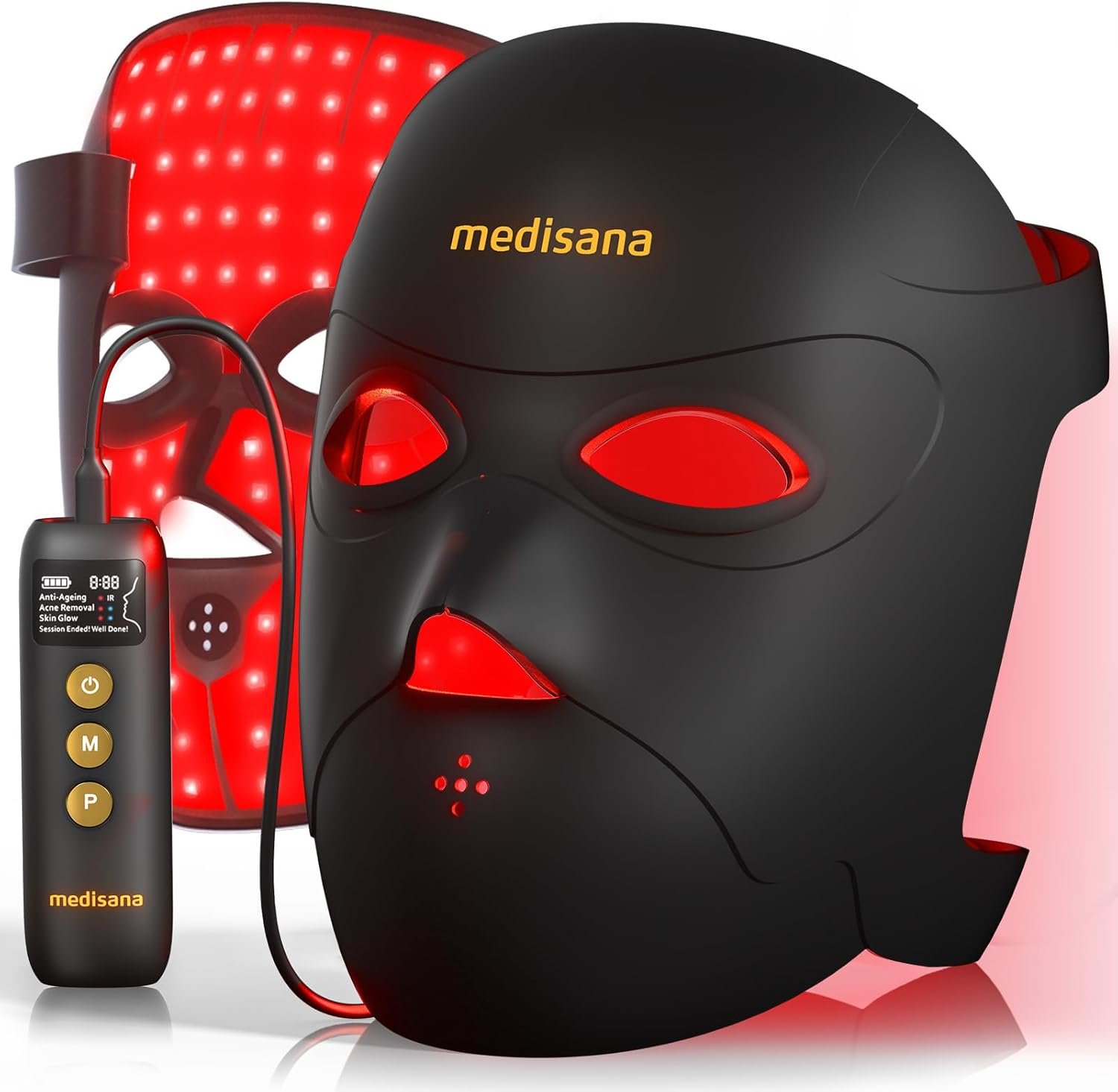 Medisana 3D Red Light Therapy Mask for Face, 336 LEDs Light Therapy Mask with 3 Modes – NIR 830nm, Red 630nm, Blue 415nm – Cordless & Rechargeable LED Face Mask for Home, Skincare Gifts (Black)