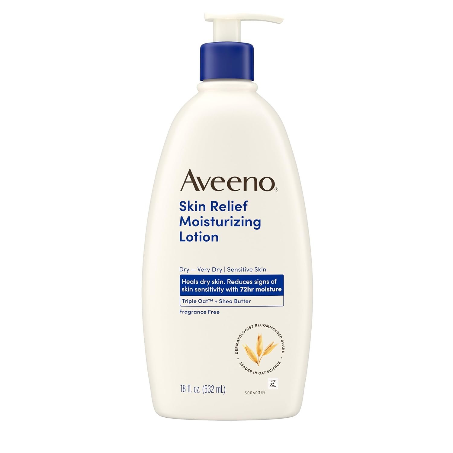 Aveeno Skin Relief Moisturizing Body Lotion Heals Very Dry, Sensitive Skin, Fast Absorbing Lotion with Soothing Triple Oat & Shea Butter Formula, Fragrance Free Lotion, Non-Comedogenic, 18 Fl Oz