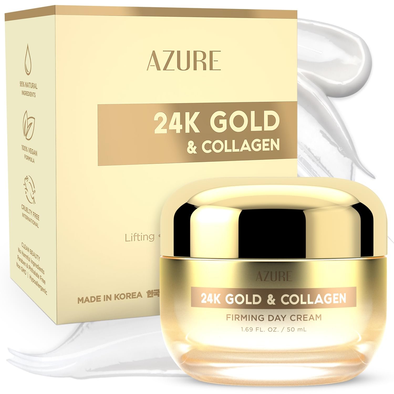 Azure Dermatologist Tested 24K Gold & Collagen Face Moisturizer – K Beauty Anti-Aging Face Cream for Firming & Skin Tightening Face Cream – Korean Skincare – All Skin Type 1.69 fl oz