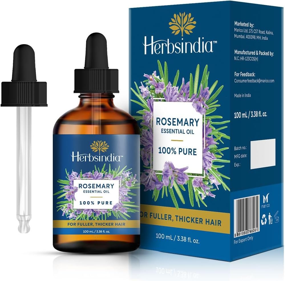 Herbsindia Rosemary Essential Oil for Hair – Huge 3.3 Fl Oz – 100% Pure – Premium Grade with Glass Dropper, Undiluted, Non-GMO