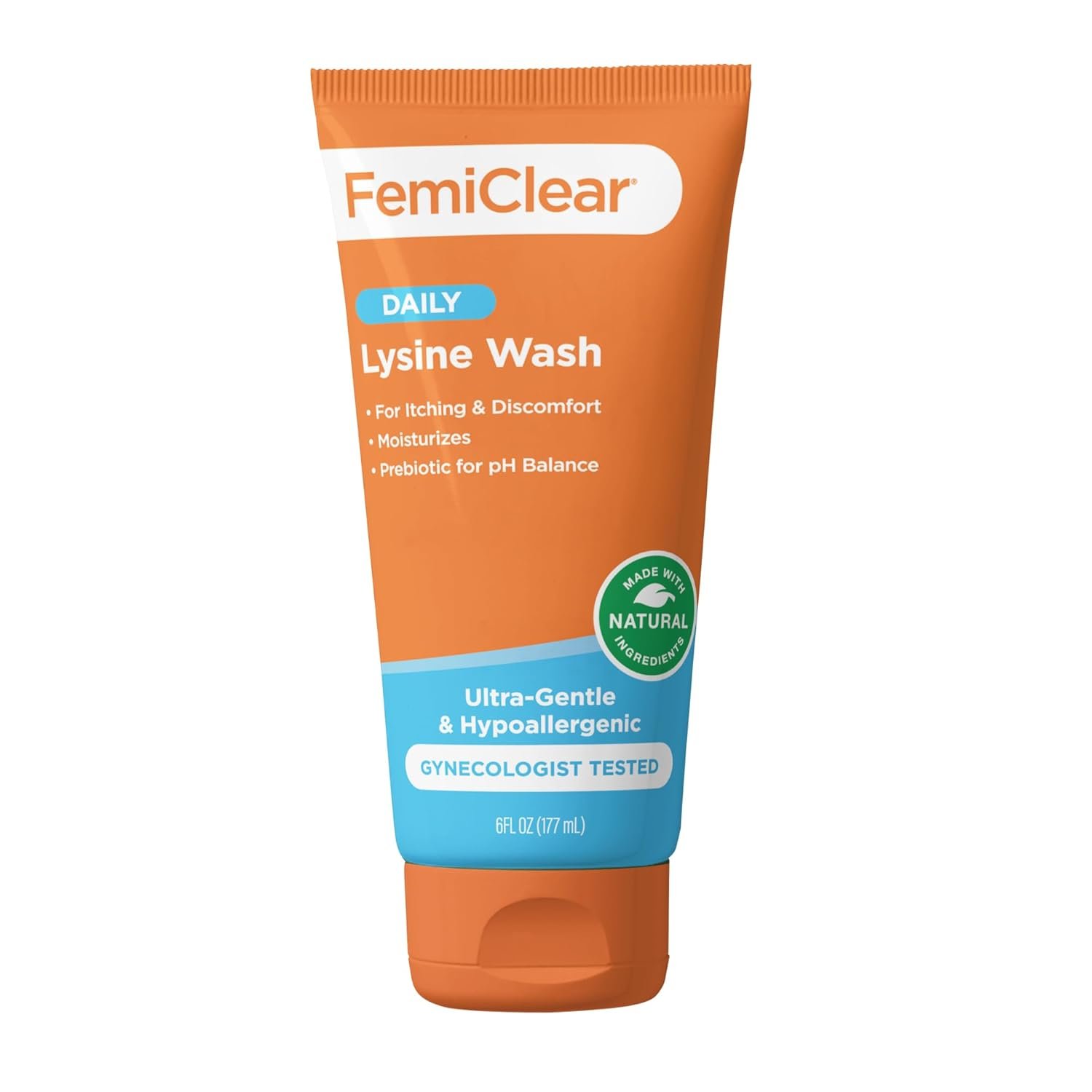 FemiClear Daily Lysine Feminine Wash, 6 fl oz, Ultra-Gentle Cleansing Intimate Wash, Helps Relieve Itching, Irritation, and Odor, pH-Balanced, Gynecologist Tested, Natural & Organic Ingredients