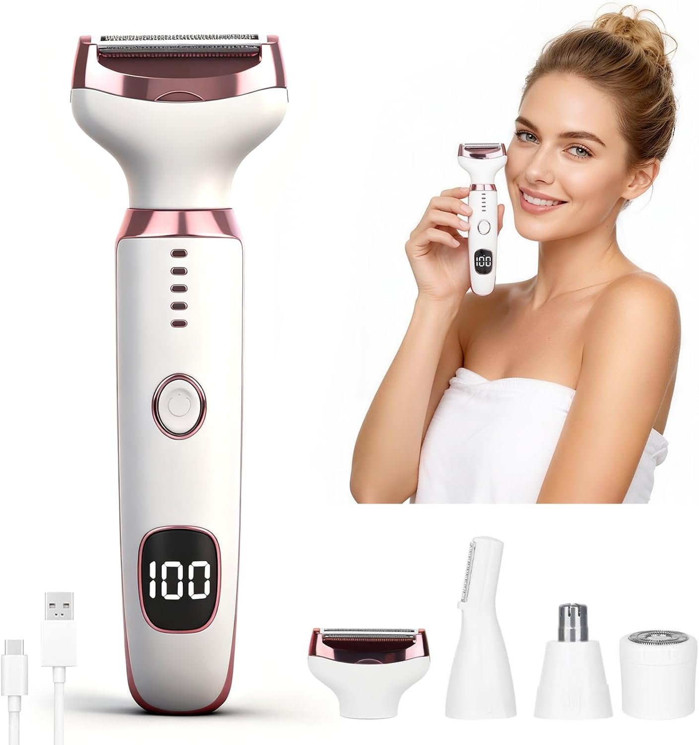 Wet & Dry Electric Razor for Women Men,4 in 1 Rechargeable Led Display Electric Shaver and Facial Hair Remover,Painless Ladies Body Razors for Nose Face Body Leg Bikini Arm Hair (White)