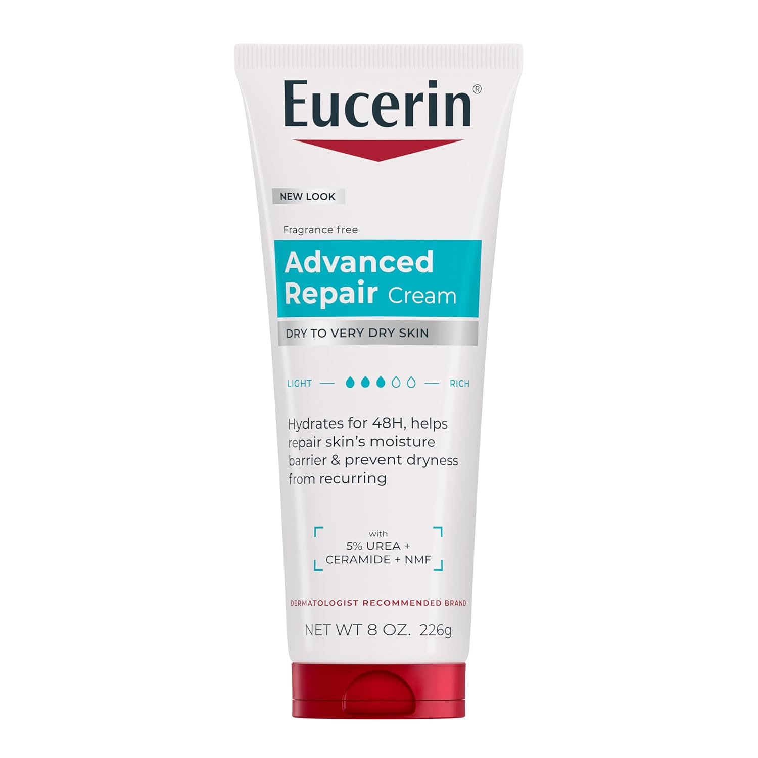 Eucerin Advanced Repair Body Cream, Urea Enriched, Unscented Body Cream for Dry Skin With Triple Moisturizing Complex, 8 OZ Tube