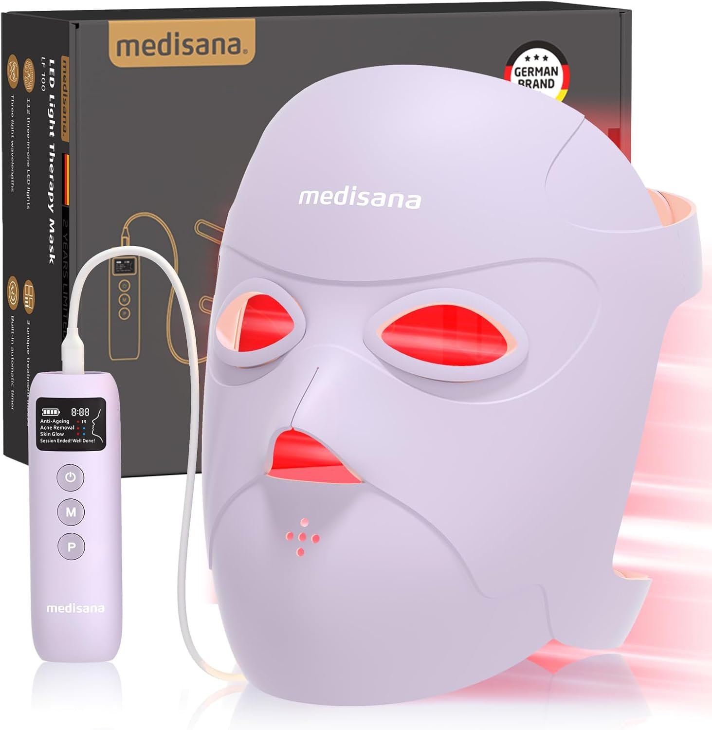 Medisana 3D Red Light Therapy Mask for Face, 336 LEDs Light Therapy Mask with 3 Modes – NIR 830nm, Red 630nm, Blue 415nm – Cordless & Rechargeable LED Face Mask for Home, Skincare Gifts (Purple)