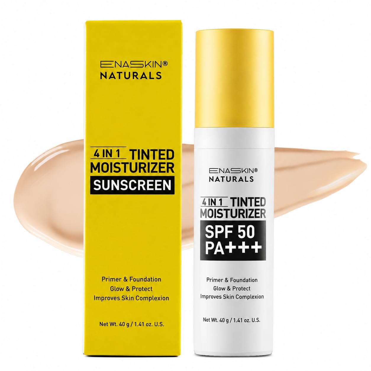ENASKIN NATURALS 4-in-1 Tinted Moisturizer with SPF 50, Mineral Sunscreen & Primer with Zinc Oxide, Lightweight Skin Tint for Glowy Finish & Even Complexion, Universal Sheer Tint, 1.41 fl oz