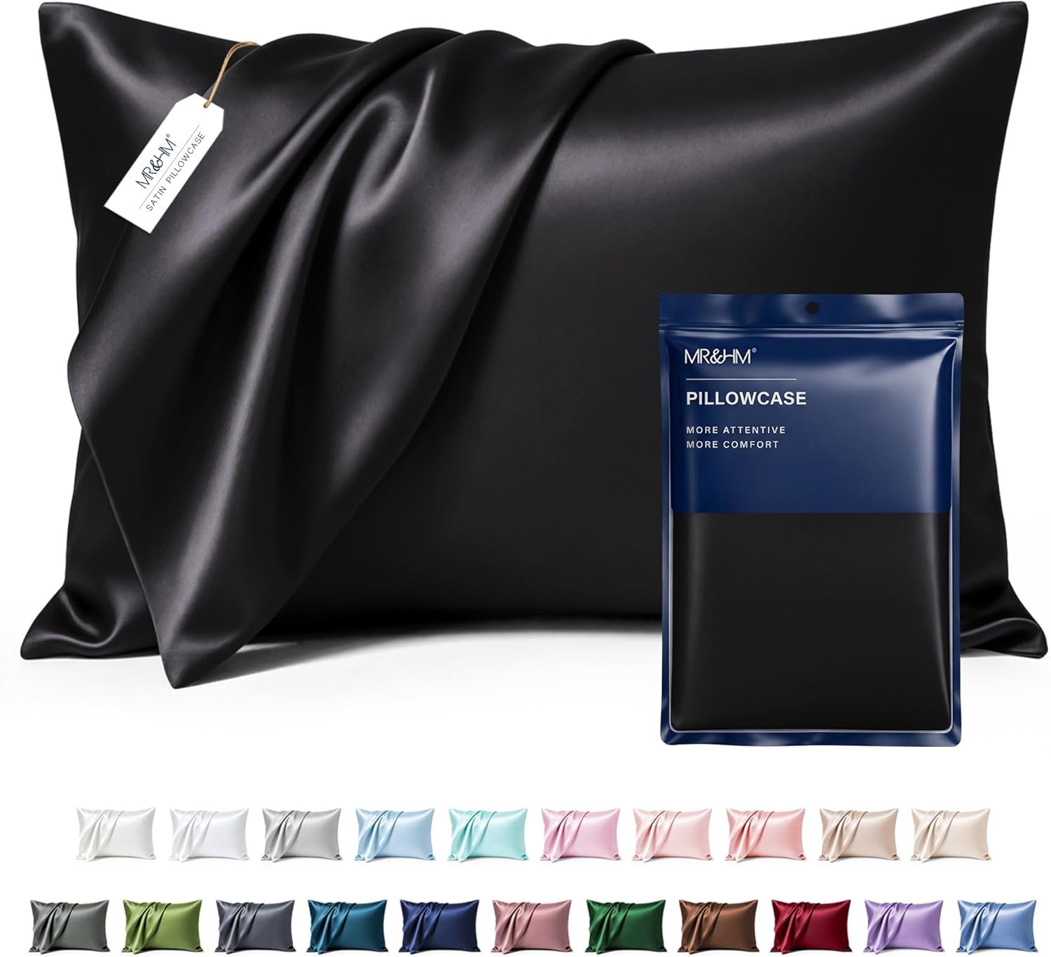 MR&HM Satin Pillowcase for Hair and Skin, Silk Satin Pillowcase 2 Pack, Queen Size Pillow Cases Set of 2, Silky Pillow Cover with Envelope Closure (20×30, Black)