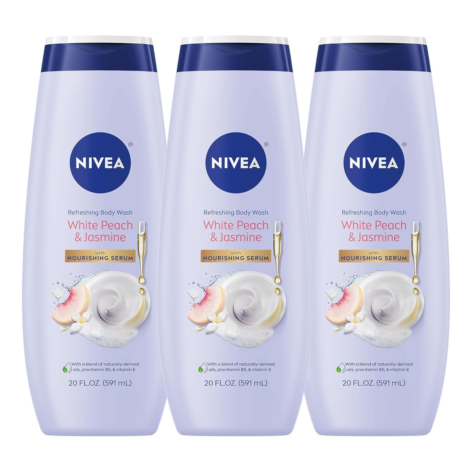 NIVEA Refreshing White Peach and Jasmine Body Wash with Nourishing Serum, Scented Body Wash for Women, Enriched with Provitamin B5 and Vitamin E, 20 Fl Oz Bottle, 3 Pack