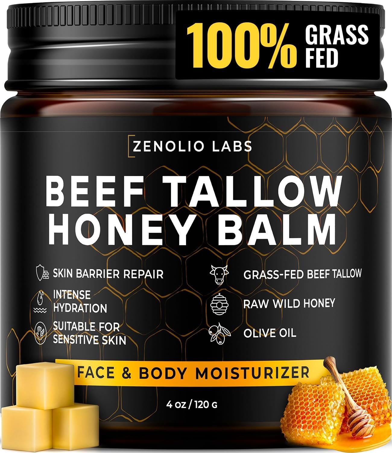 Beef Tallow for Skin Face – Tallow and Honey Balm for Face – Whipped Grass-Fed Moisturizer with Raw Honey & Beeswax – Hydrating Body Cream for Dry, Cracked and Sensitive Skin