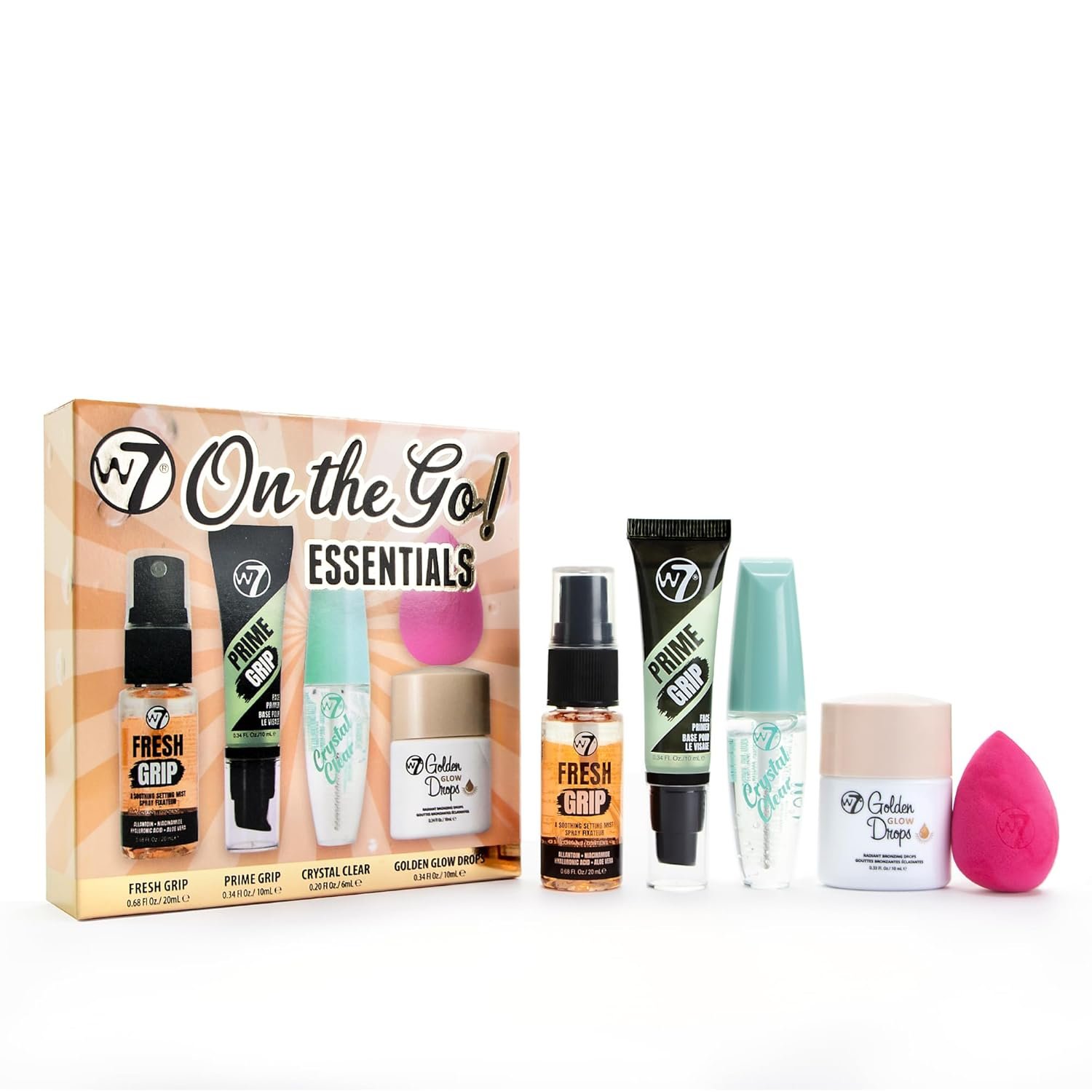W7 On the Go Essentials Set – Mini Makeup Must-Haves with Primer, Setting Spray, Mascara, Golden Glow Bronzing Drops & Beauty Sponge – Travel or Handbag Size Essentials