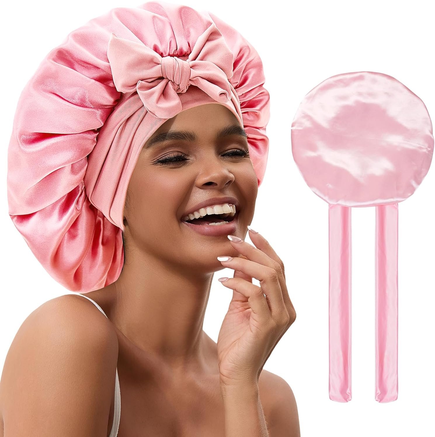Satin Hair Bonnet for Sleeping Women, Double Layer Silk Bonnets for Women with Tie Band, for Braids Curly Long Hair