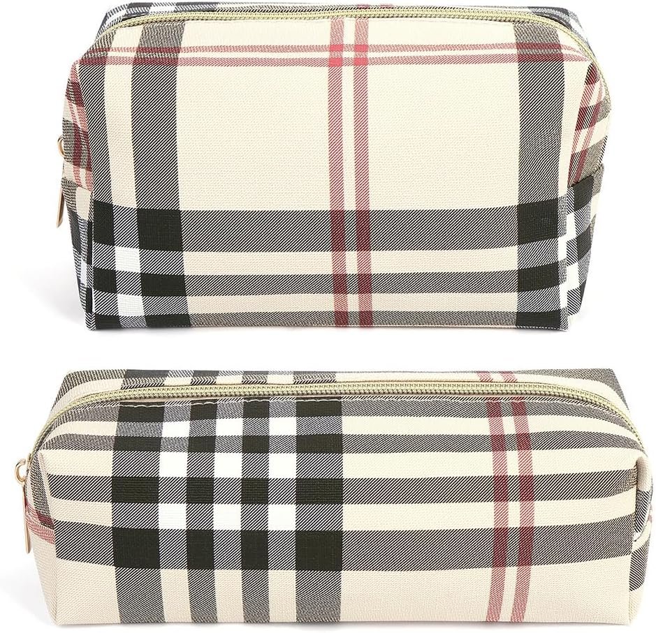 MAANGE Small Makeup Bag for Purse, 2 PCS Cosmetic Bag for Women Travel Makeup Pouch Leather Make up Bag Portable Zipper Pouch Brushes Bag – khaki plaid