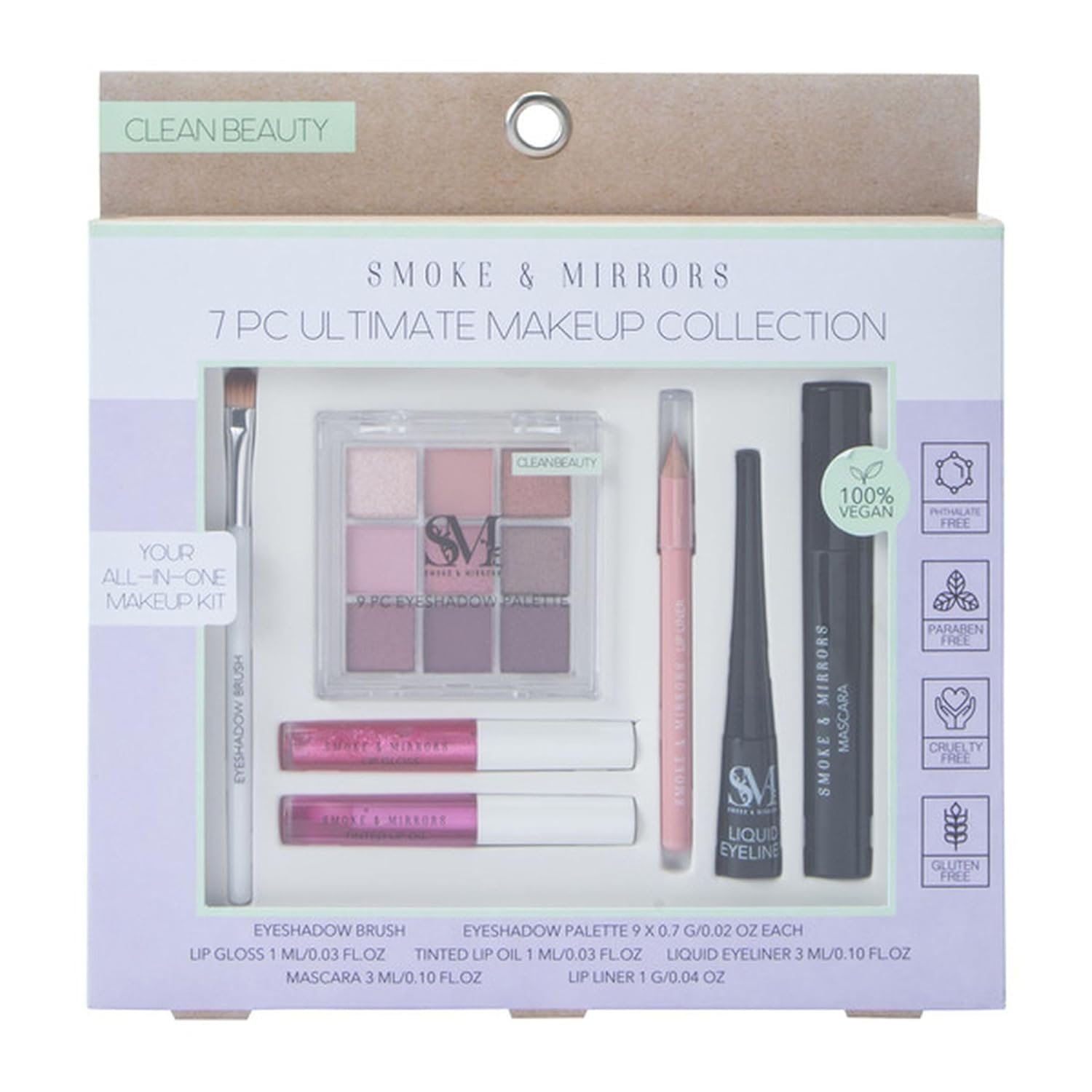 Smoke & Mirrors 7 Piece Ultimate Makeup Collection, Clean Beauty, 100% Vegan, Paraben Free, Eyeshadow Palette with 9 Shades, Lip Gloss, Mascara, Liquid Eyeliner, Lip Liner, Eyeshadow Brush