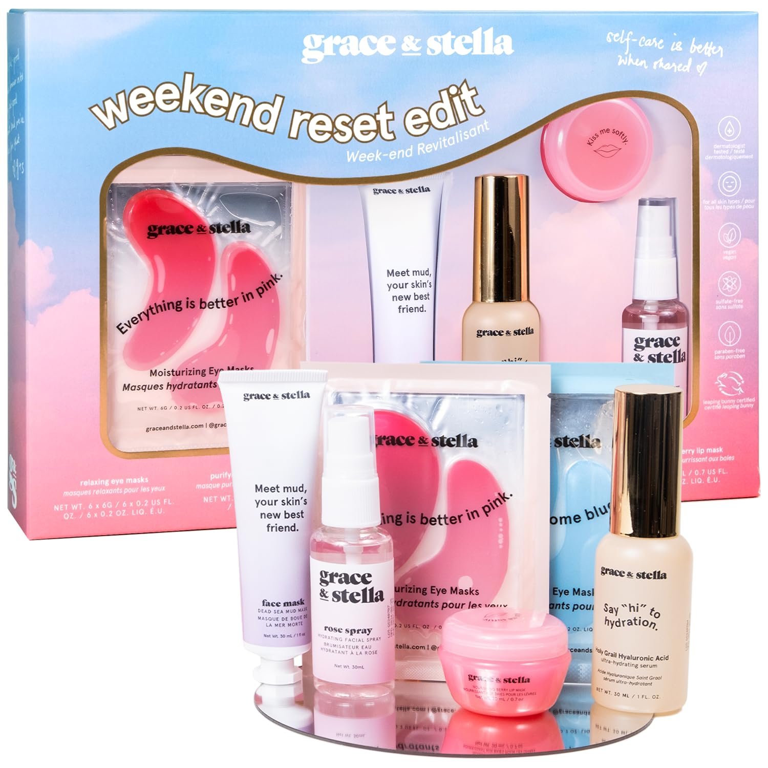grace & stella Award Winning Skin Care Set – Gift Set for Women – Travel Essentials with Under Eye Masks, Serum, Cleanser, Lip Balm – Holiday Gift for Mom – Vegan Cruelty-Free Self Care