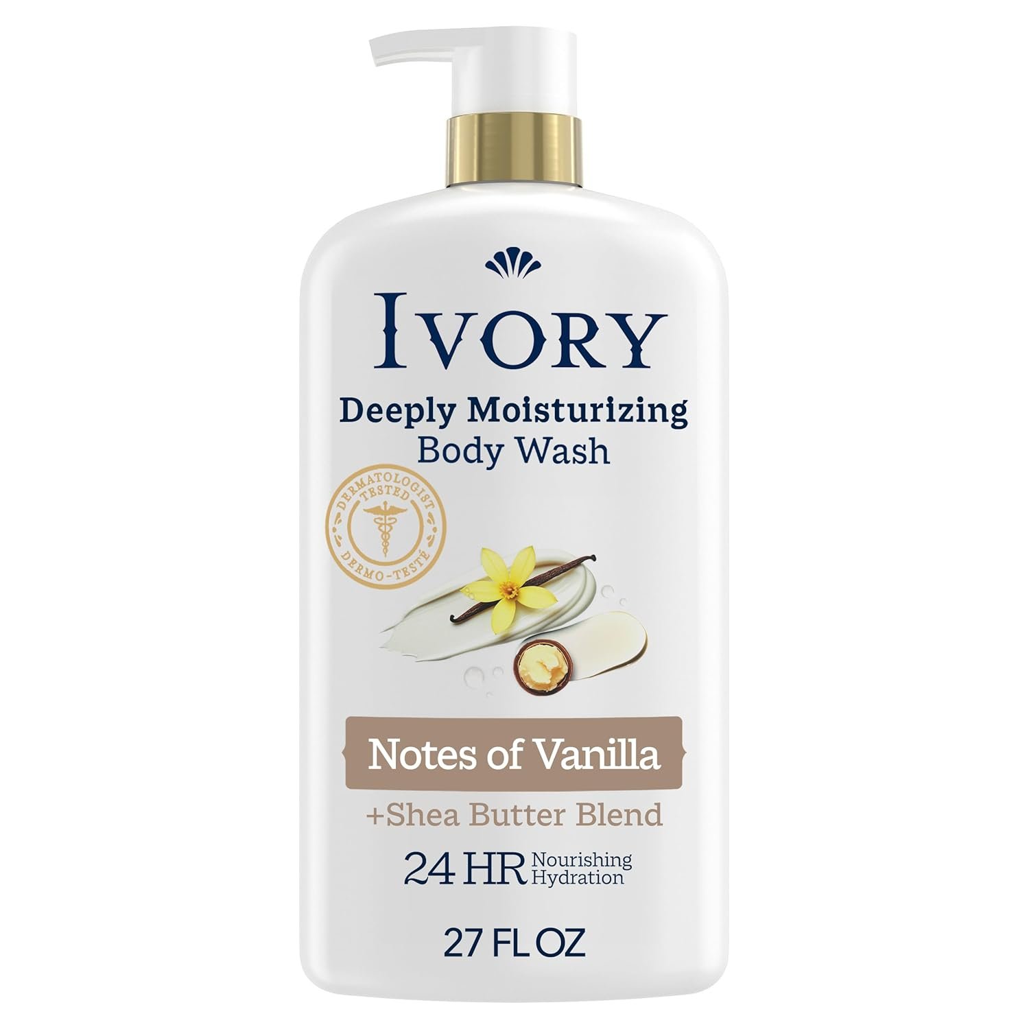 Ivory Body Wash, Deeply Moisturizing, 24hr Nourishing Hydration, Soothes Itchy Dry Skin, Made with Shea Butter Blend, Free of Dyes Heavy Perfumes Parabens & Phthalates, Vanilla Scent, 27 oz