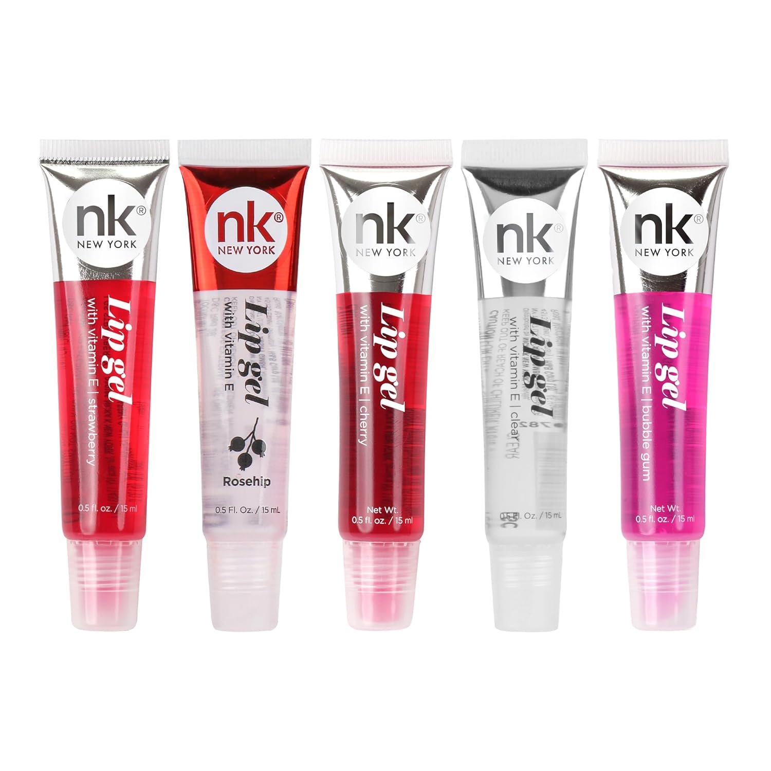 NICKA K NEW YORK VARIETY SET OF 5 NK Hydrating Lip Gel – Vitamin E (Clear, Rosehip Oil, Bubble Gum, Cherry, Strawberry)