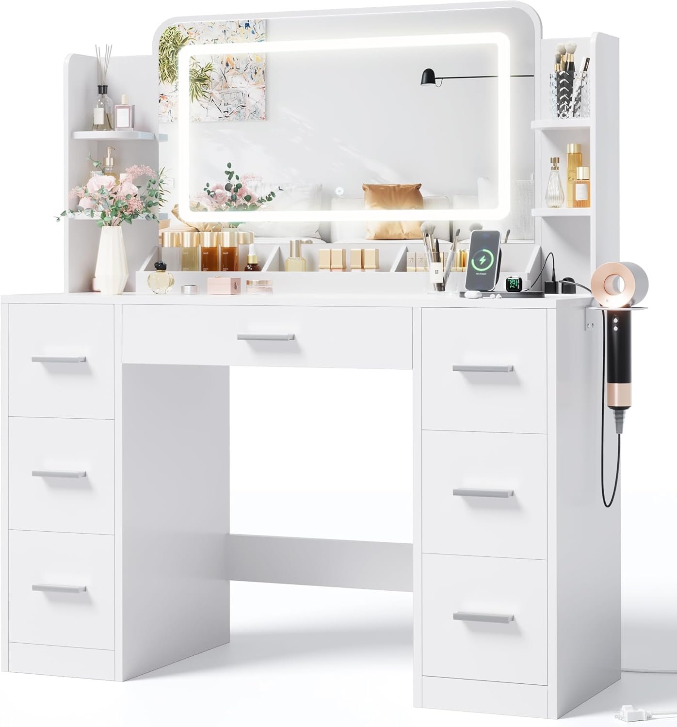 JUMMICO Makeup Vanity Desk with Large Mirror and LED Lights, Vanity with Power Strip and Hairdryer Holder, 6 Open Shelves and 7 Drawers Modern Dressing Table, for Bedroom (White)