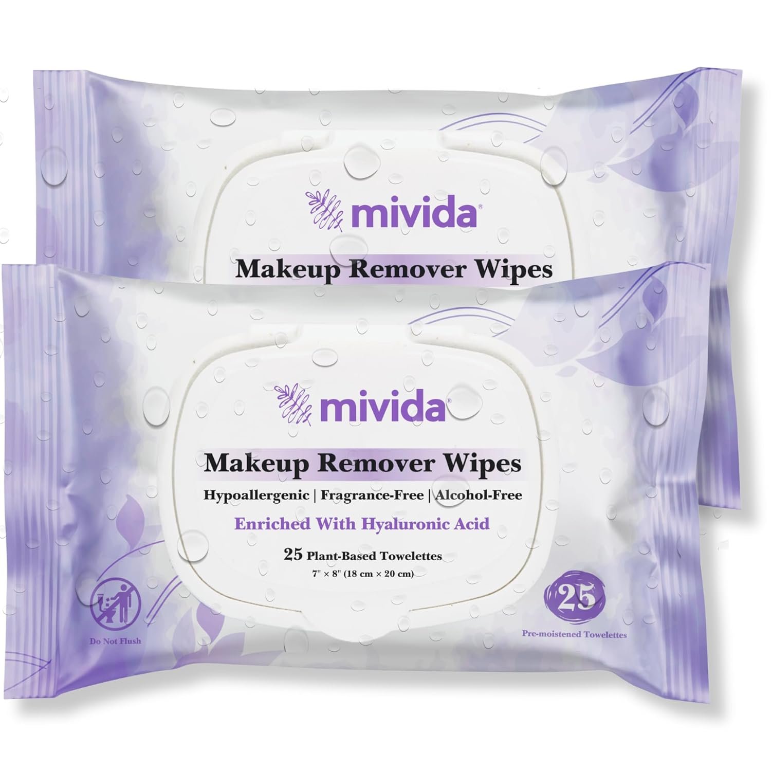mivida Hypoallergenic Makeup Remover Wipes With Hyaluronic Acid, Dermatologist Tested Alcohol Free & Fragrance Free Makeup Wipes For Sensitive Skin, Make Up Remover, Travel Friendly 2 × 25 Count