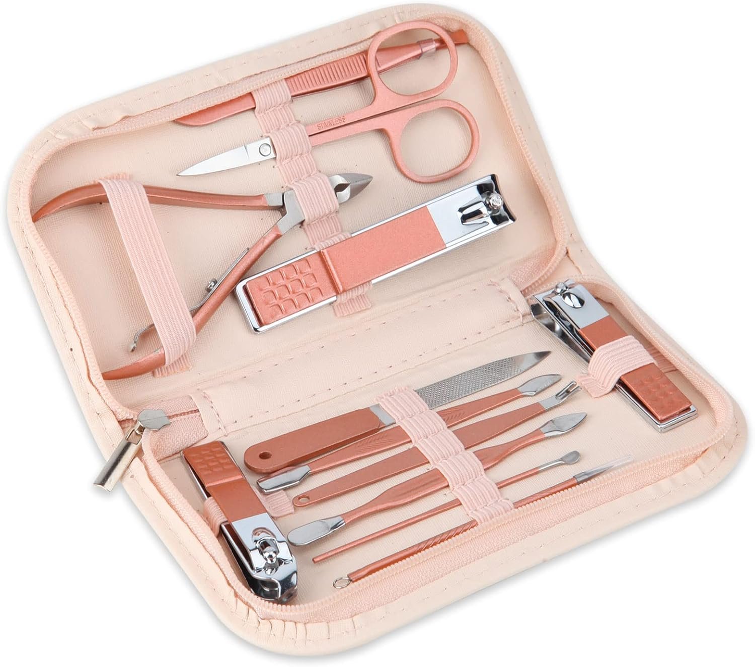 Nail Clippers & Beauty Tool Portable Set, Rose Gold Manicure Set, 12 in 1. | Martensitic Stainless Steel, Pink Leather Bag, Suitable for Home, Workplace, Outdoor Travel, Gift Giving, Salon.