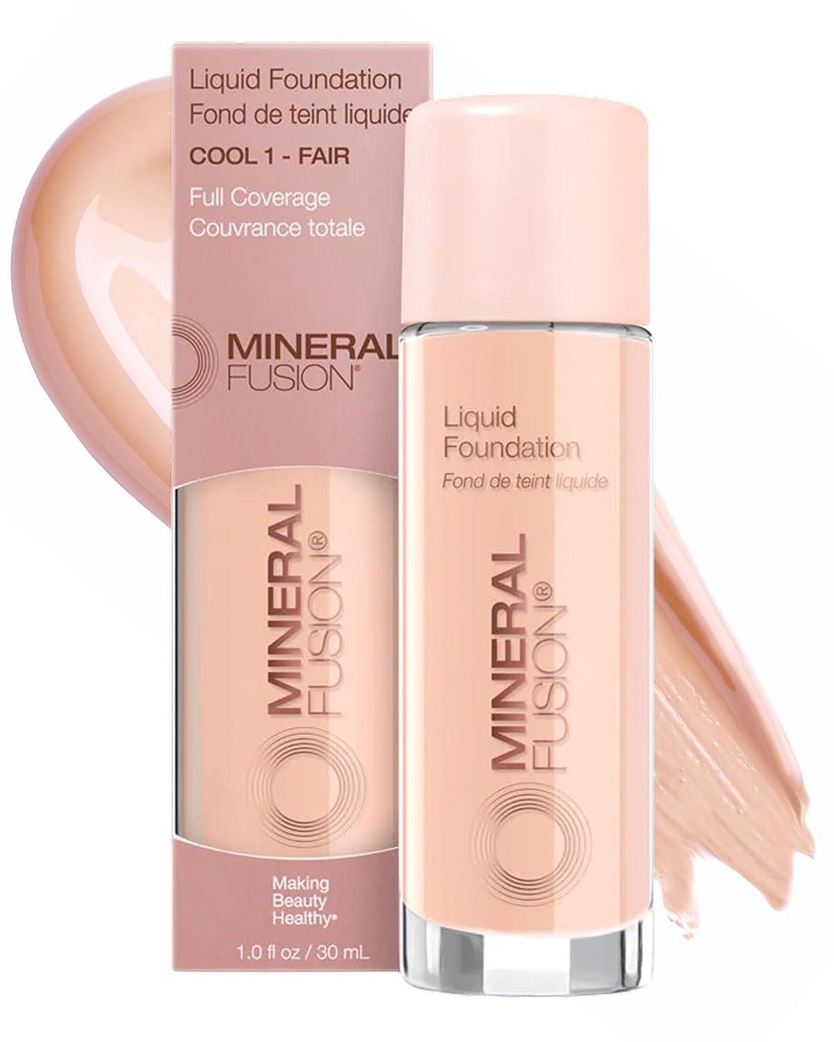 Mineral Fusion Full Coverage Liquid Foundation (Cool 1, Fair) – Lightweight & Hydrating Matte Finish Makeup – With Skin Soothing Green Tea, Lavender – Hypoallergenic, Fragrance-Free – 1 Fl Oz