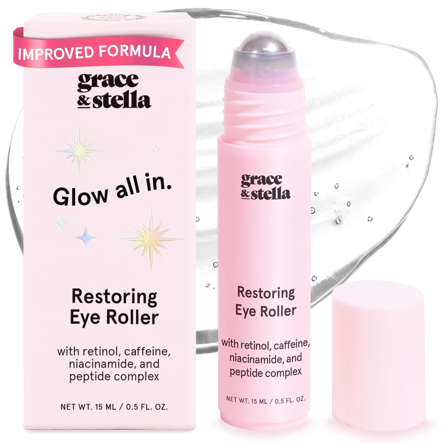 grace & stella Under Eye Brightener Roller – Airplane Travel Essentials – Travel Size Toiletries – Retinol & Caffeine Eye Serum for Puffiness, Dark Circles, Wrinkles – Vegan Skincare (15ml / 0.51floz)