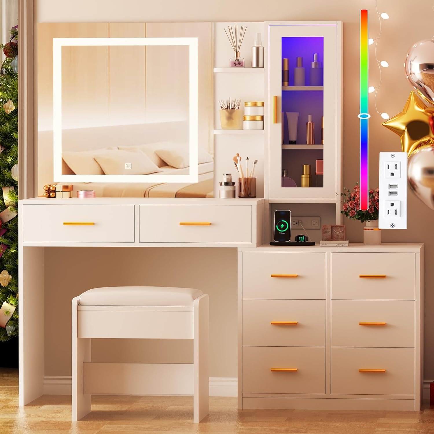 ANWBROAD 51.8″ Vanity Desk with Mirror and Lights Makeup Vanity Desk with Lights 3 Colors Large White Vanity Dresser RGB 8 Drawers with Charging Station Stool Shelves for Girls Women Bedroom UBDT77W
