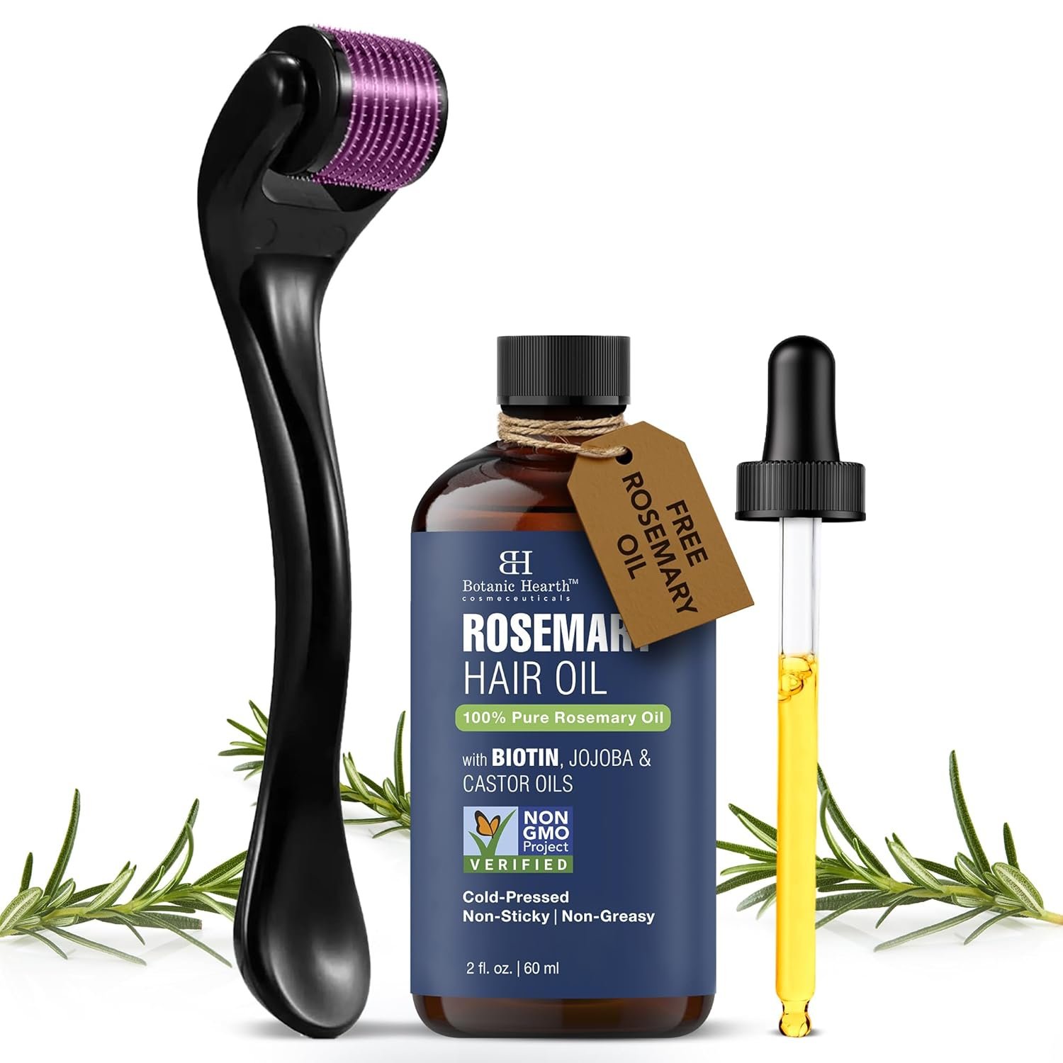 Botanic Hearth Derma Roller for hair growth with Rosemary Hair Oil (2oz) | Micro needling roller .25 mm Titanium 540 needles for Scalp & Beard | for Women & Men | Includes Biotin, Jojoba & Castor Oil