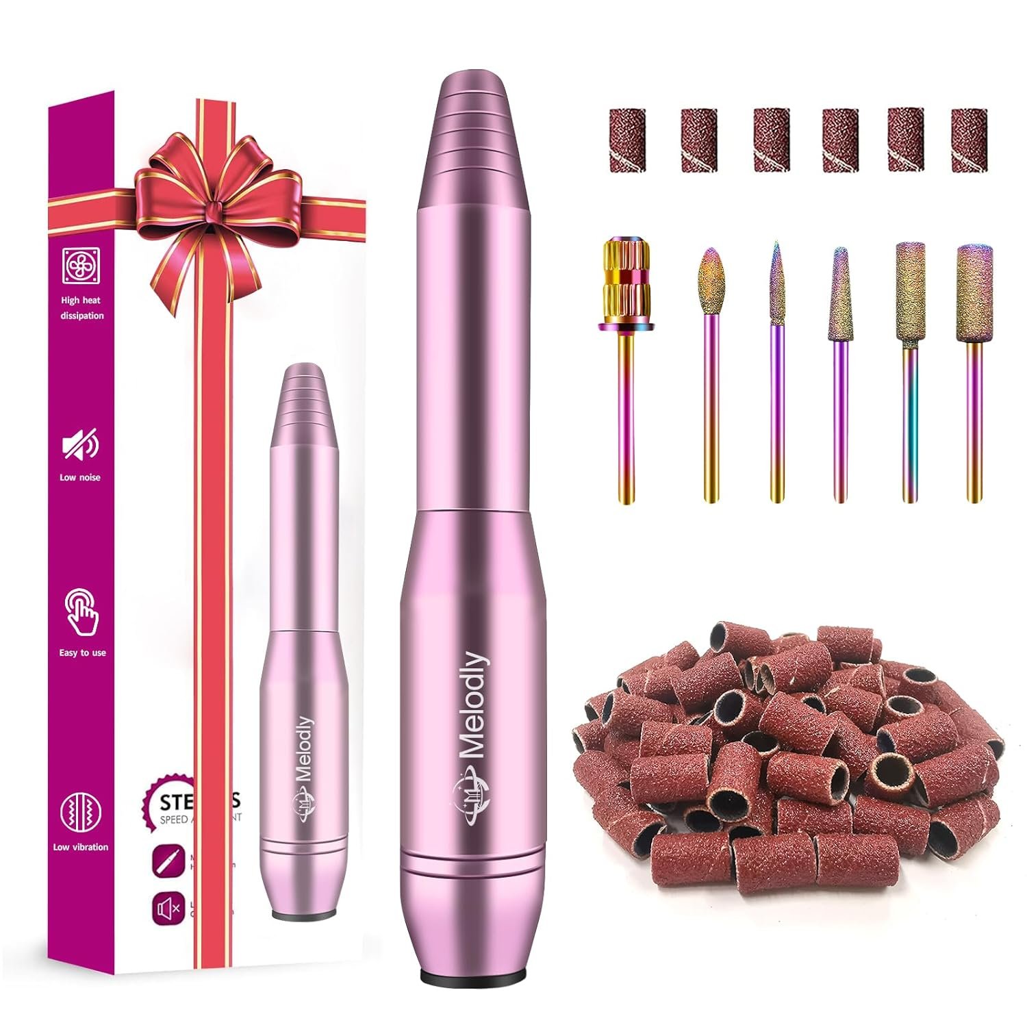 Melodly Electric Nail Drill, Professional Acrylic Nail Drills Machine for Gel, Acrylic Nails, Portable USB Electric Nail File Efile Set with Iridescent Nail Drill Bits, Manicure Pedicure Nail Tools