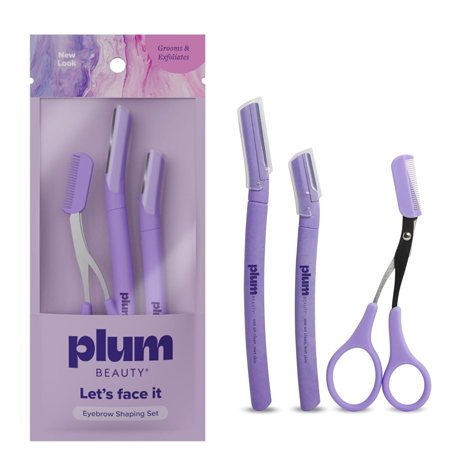 Plum Beauty Eyebrow Shaping Set – Complete 3-Piece Grooming Kit with 2 Folding Razors & Precision Trimming Scissors with Brush – Painless Brow Definition & Maintenance