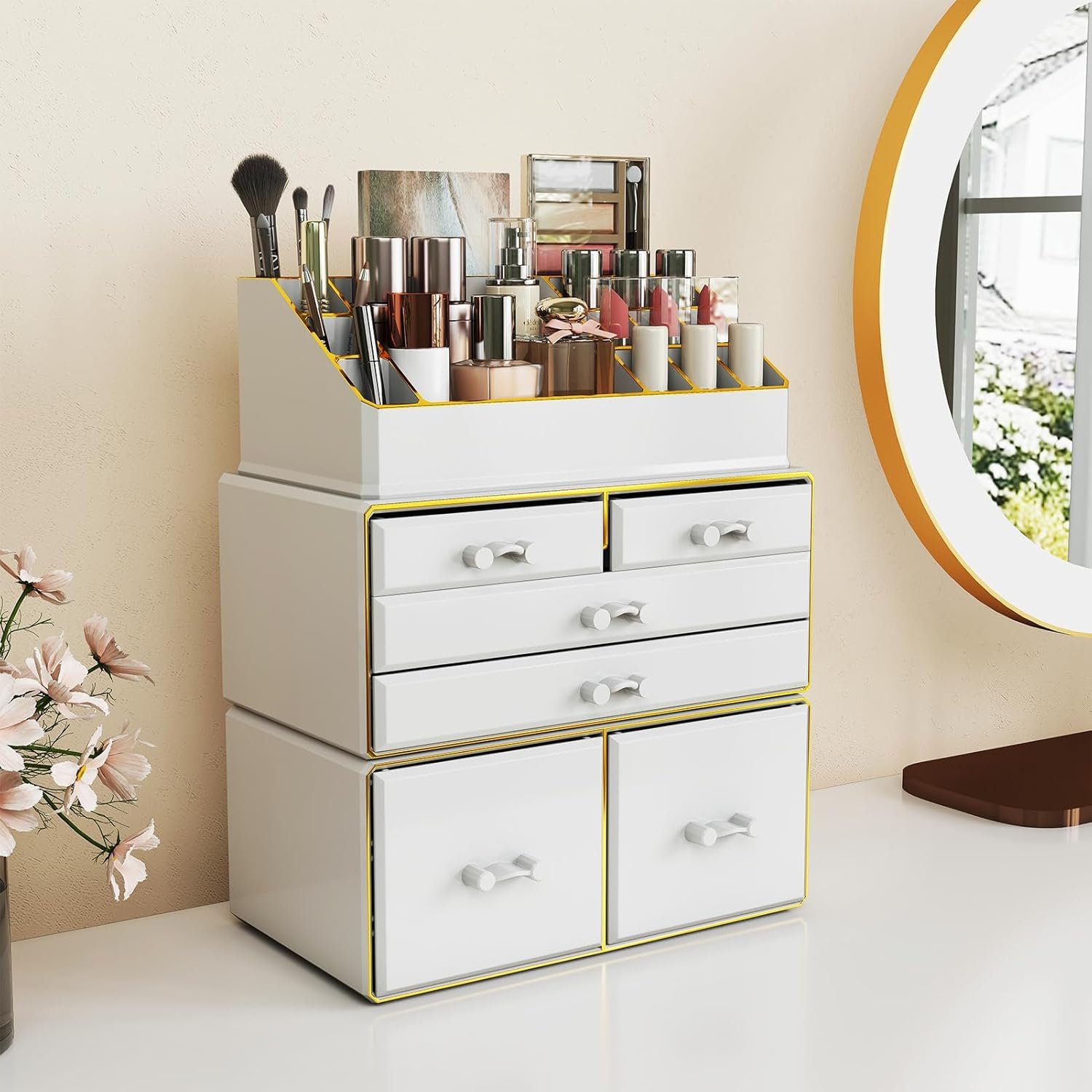 Delamu 3-Tier 6-Drawer Makeup Organizer Countertop Cosmetic Organizer for Dresser and Vanity Bathroom Organizers and Storage for Lipstick Brush Skincare Perfume, Nail Polish, White with Gold Edges