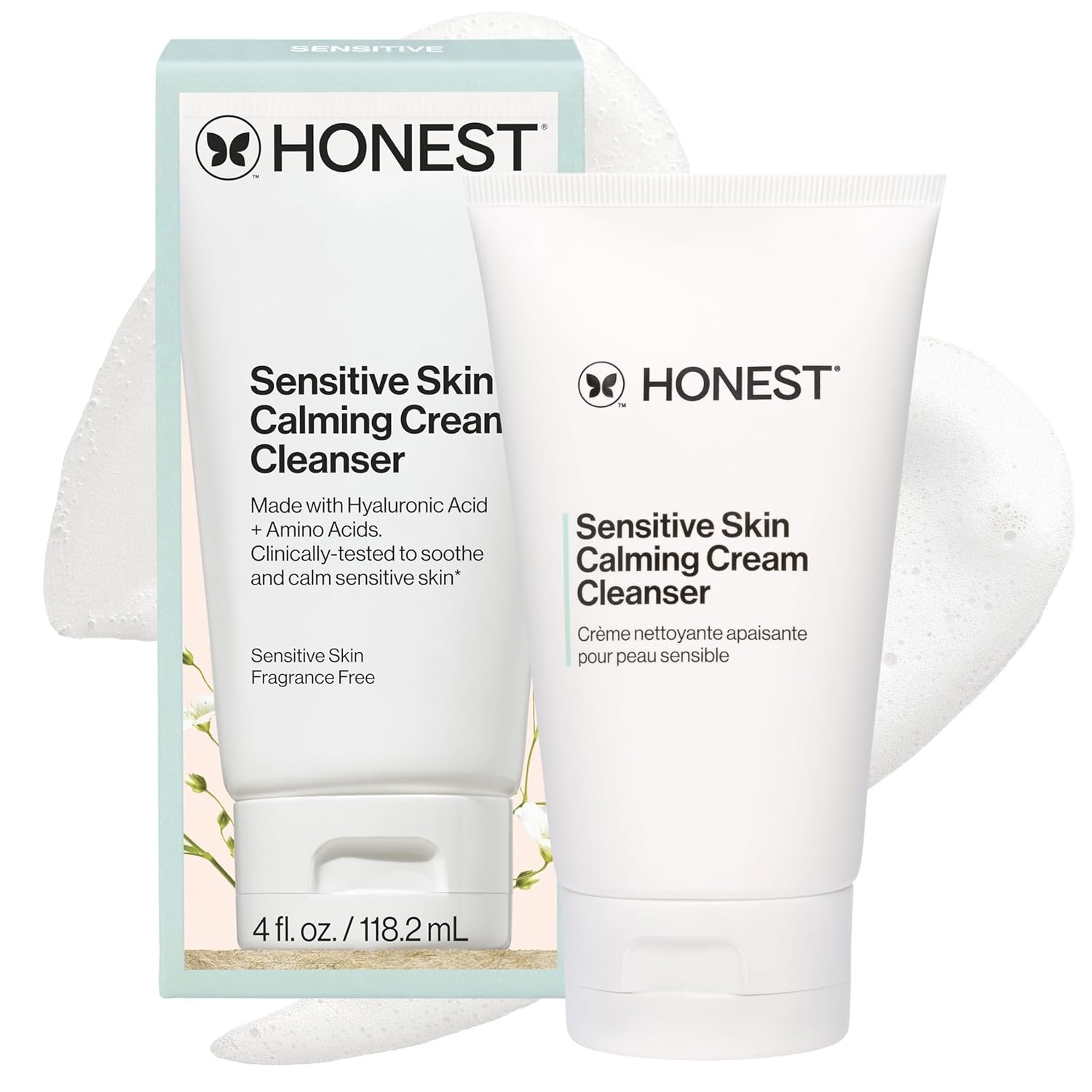 Honest Beauty Sensitive Skin Calming Cream Cleanser, Gently Cleanses Hydrates Calms, Hypoallergenic, Fragrance-Free, Vegan, 4 fl oz