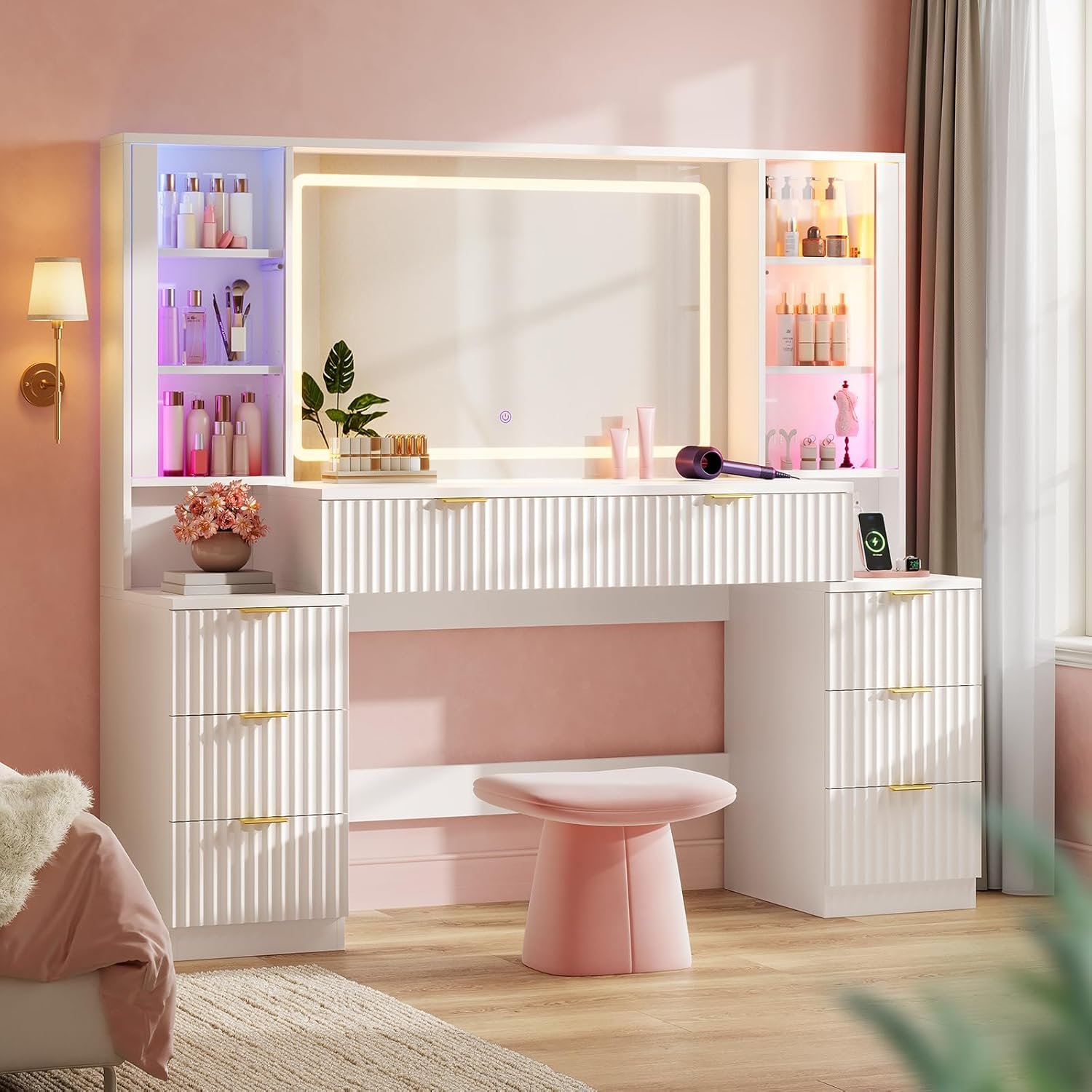 HAUOMS Big Vanity, Fluted Wood Makeup Vanity Desk with Mirror and Sound Sync LED Lights, Large Vanity Dressing Table, 8 Drawers, Charging Station for Girls, Women (White, 59.1″ Width)