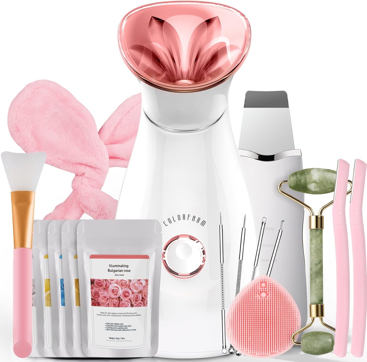 Colorfarm Facial Steamer Spa Kit: Nano Ionic Face Steamer for Facial Deep Cleansing – Home Spa Skincare Set with 17 Skin Care Tools Self Care Gifts for Women