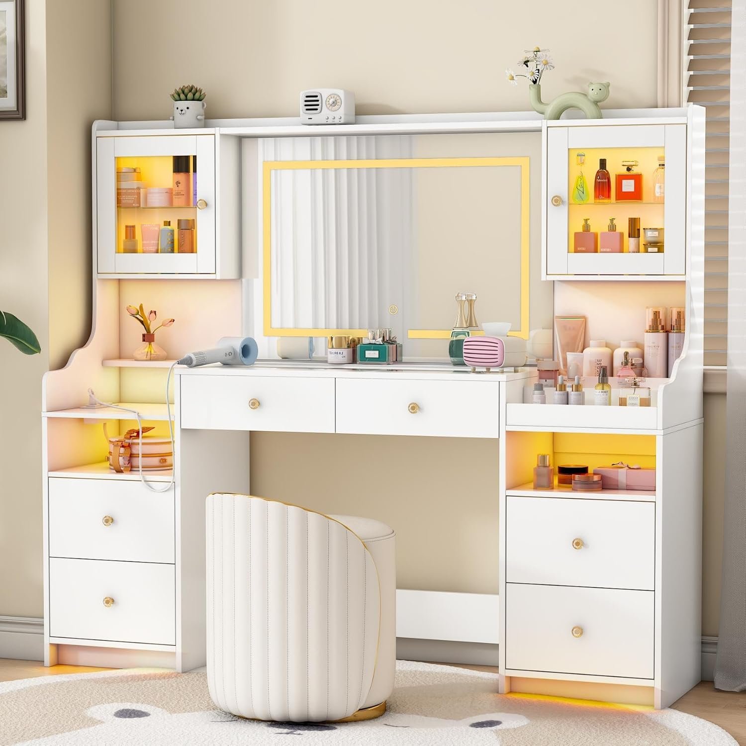 wanan 62″ Large White Vanity Desk with Glass Top, Makeup Vanity with Mirror and LED Lights, One Piece Controls 3 Lighting Modes, 4 Drawers Vanity with 2 Cabinets and Power Outlet for Women, Girls