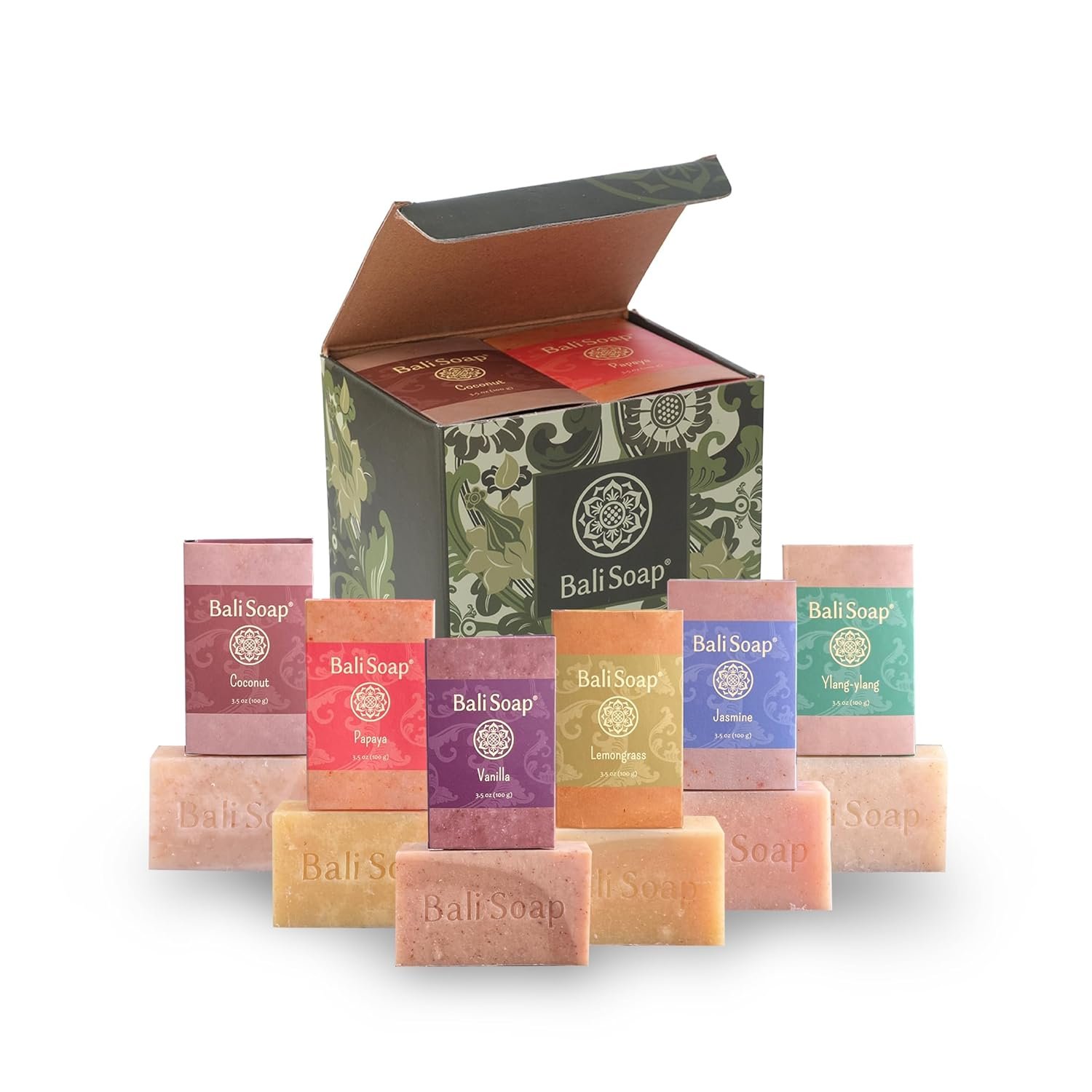 Bali Soap Natural Soap Gift Set – Handmade, Cold Process, Aromatherapy Spa Bar Soap for Face & Body (Coconut, Papaya, Vanilla, Lemongrass, Jasmine, Ylang Ylang), 6 Pack (3.5 oz Each)