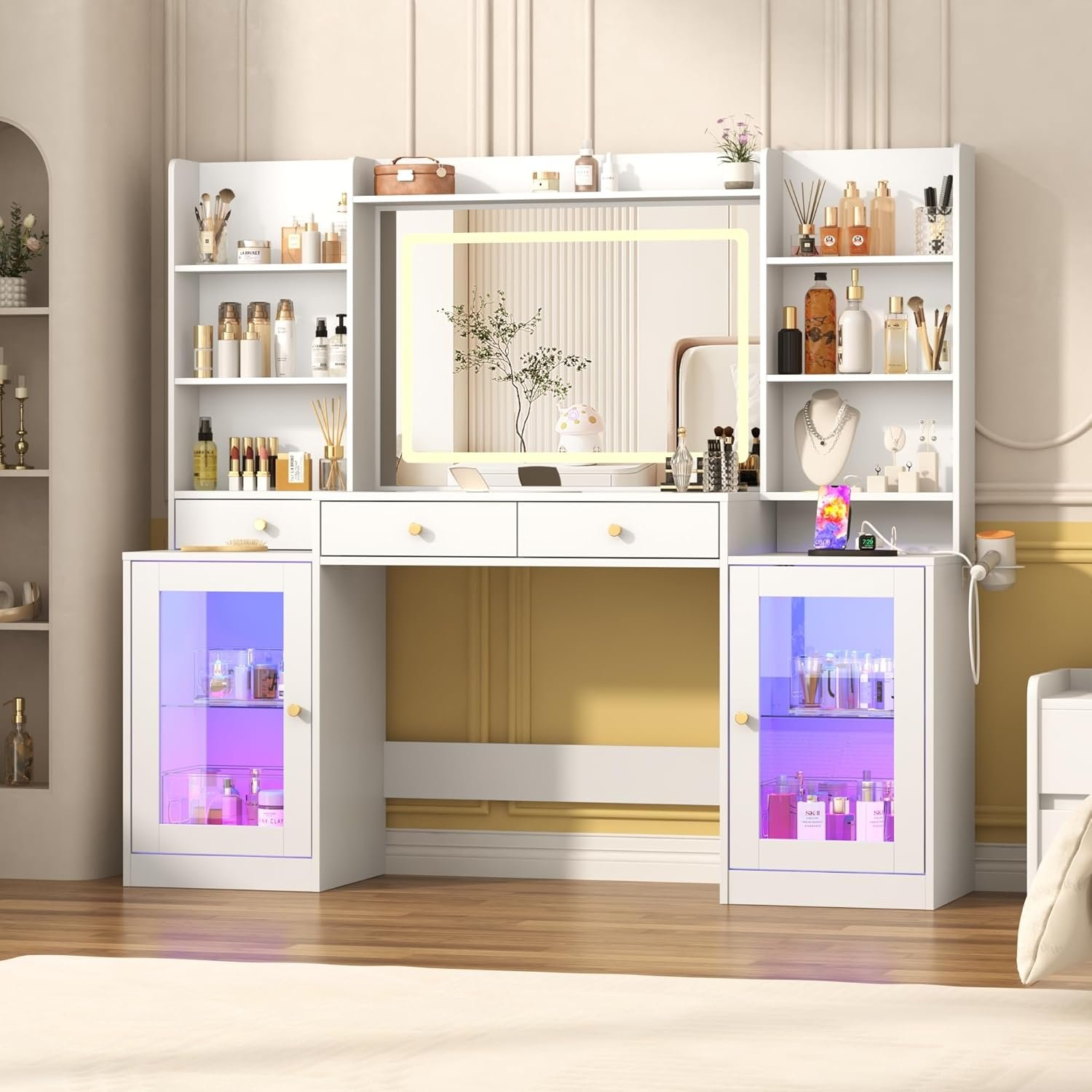 62″ Large White Vanity Desk w/ Tempered Glass Top,60000-color LED Lights,Power Outlet, Make up Vanity w/ 3 Lights Mode LED Mirror,2 Drawers,2 RGB Cabinet LEDs Vanitys Table for Women,Girls