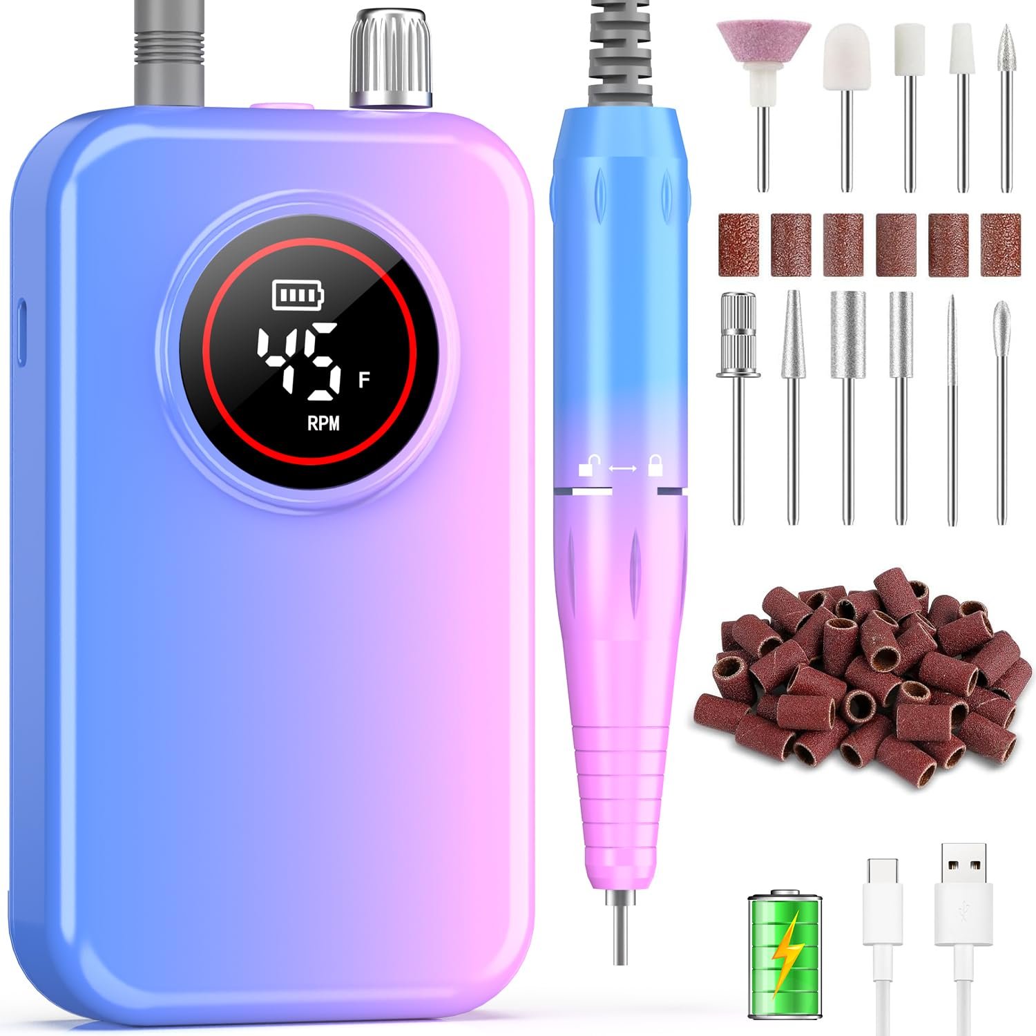 Nail Drill Professional, 45000 RPM Rechargeable Electric Nail File Kit for Acrylic & Gel Nails, Portable Manicure Pedicure Tool for DIY Home or Salon, with 11 Nail Drill Bits & Sanding Band Set