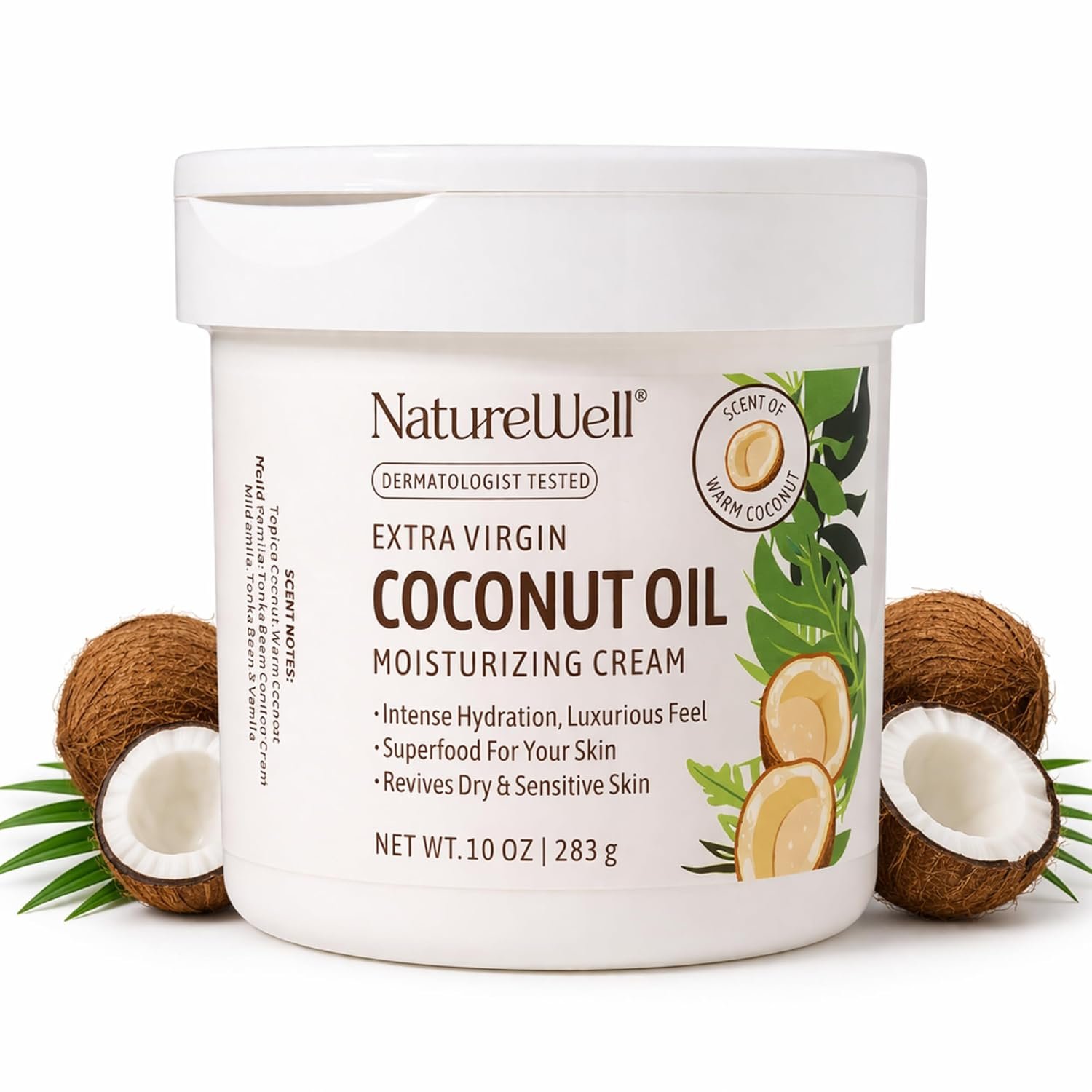 NATURE WELL Coconut Oil Moisturizing Cream for Dry Skin – Deep Hydration Lotion for Face, Body & Hands, Spa Quality Skincare, Softens & Smooths, Non-Greasy, Fast Absorbing, Vitamins A C E, 10 Oz