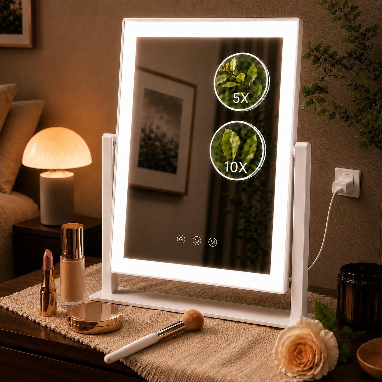Decadence 17.3 Inch LED Vanity Makeup Mirror with Lights for Women and Mom, 10X/5X Detachable Magnifiers, 3 Color Modes, Dimmable Touch Control, 360 Degree Rotation, Tabletop Cosmetic Mirror